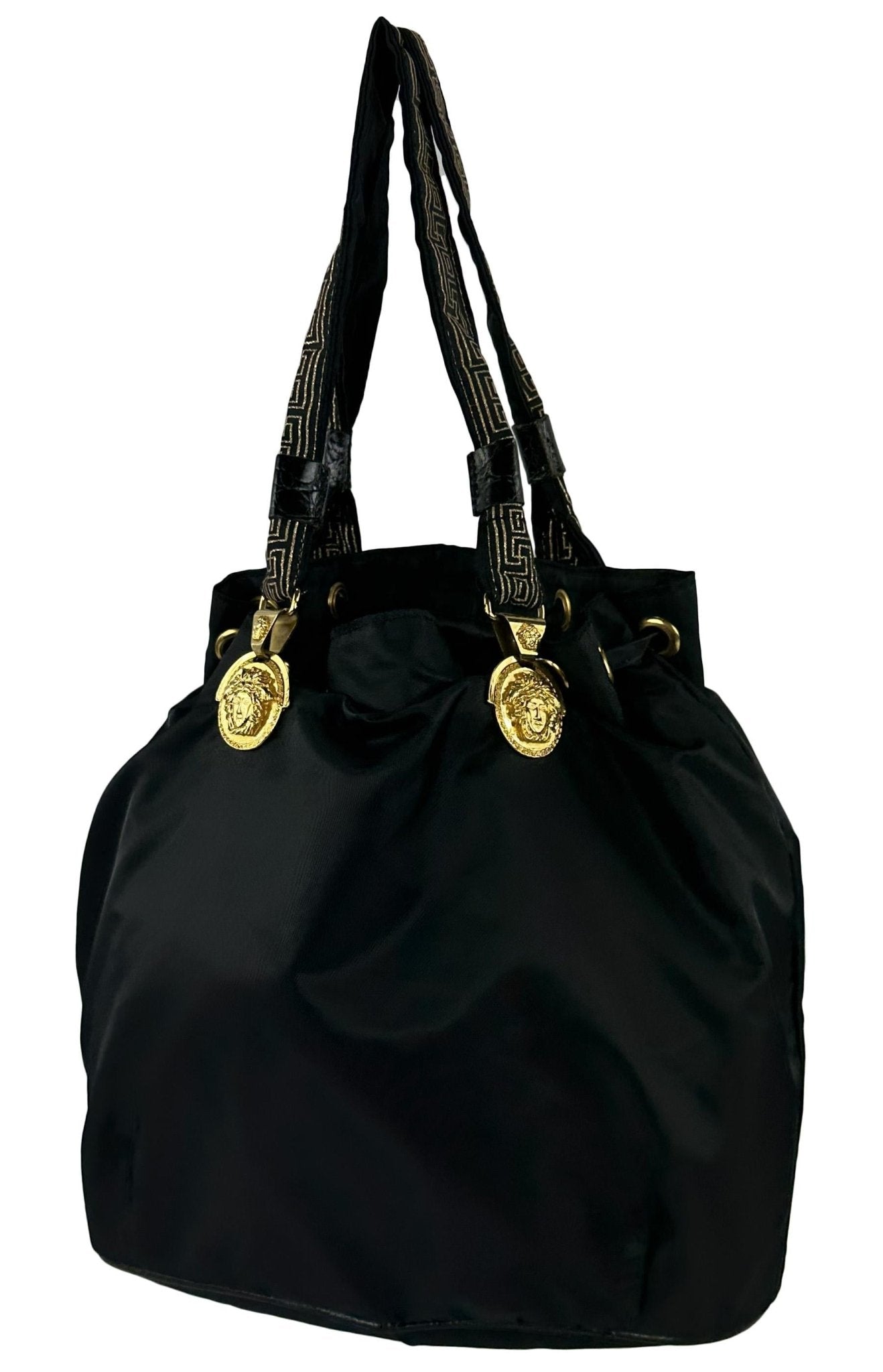 1990s Gianni Versace Black Nylon Medusa Embroidered Drawstring Tote - RealList