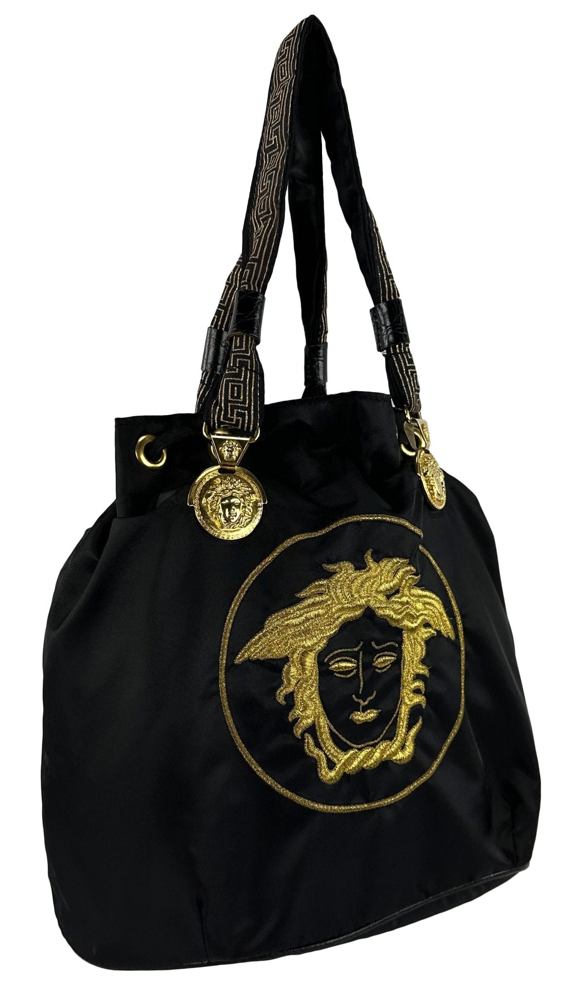 1990s Gianni Versace Black Nylon Medusa Embroidered Drawstring Tote - RealList