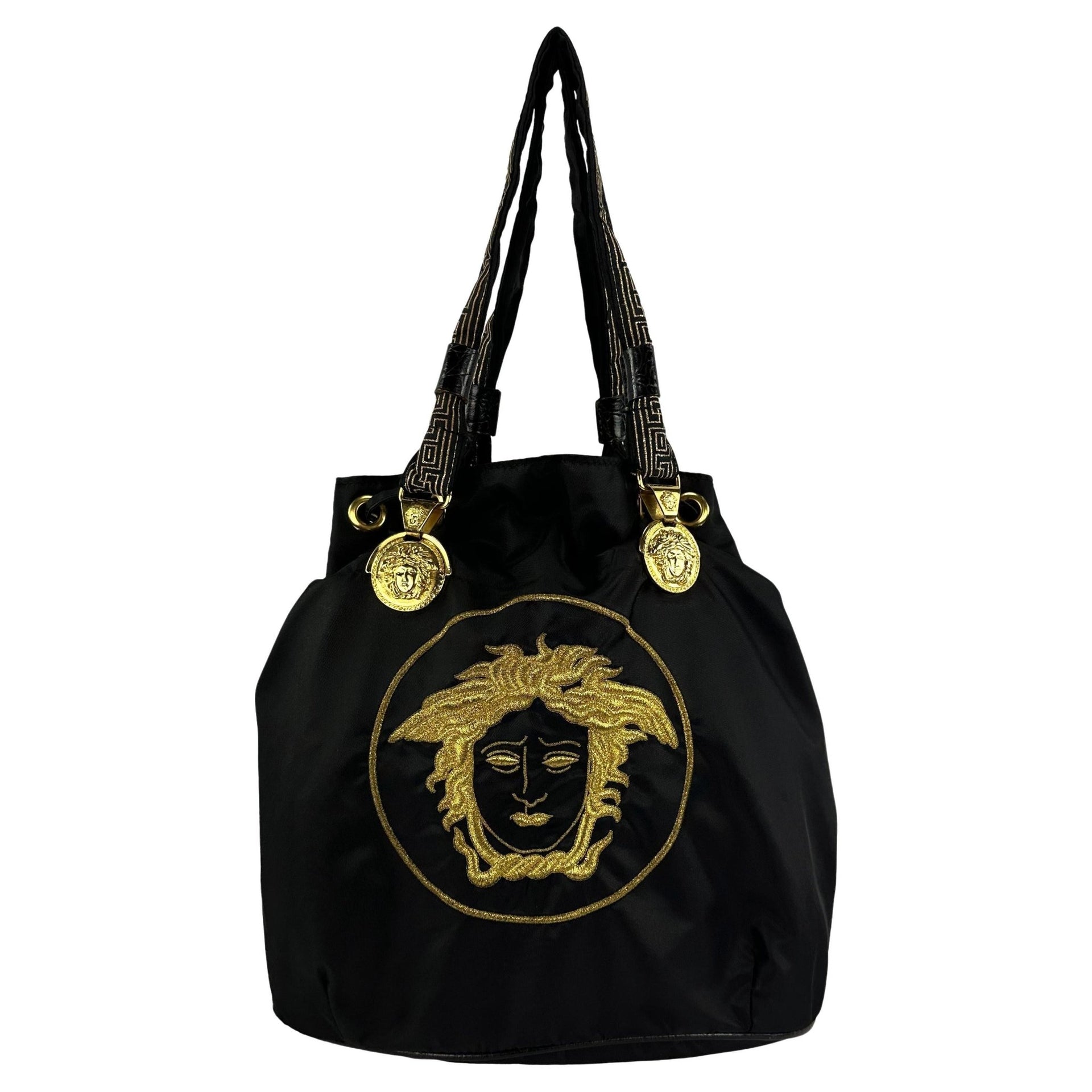 1990s Gianni Versace Black Nylon Medusa Embroidered Drawstring Tote - RealList