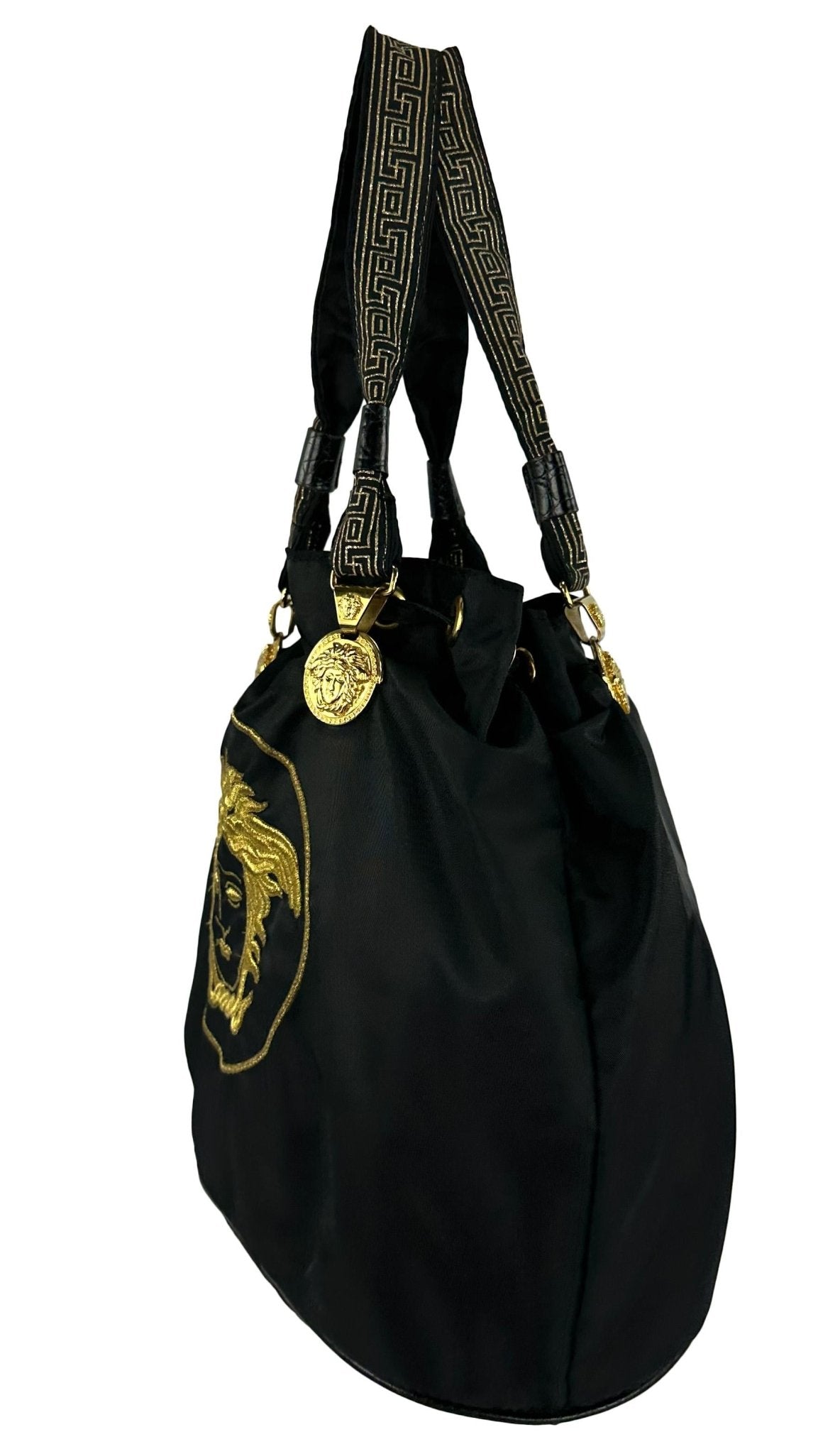 1990s Gianni Versace Black Nylon Medusa Embroidered Drawstring Tote - RealList