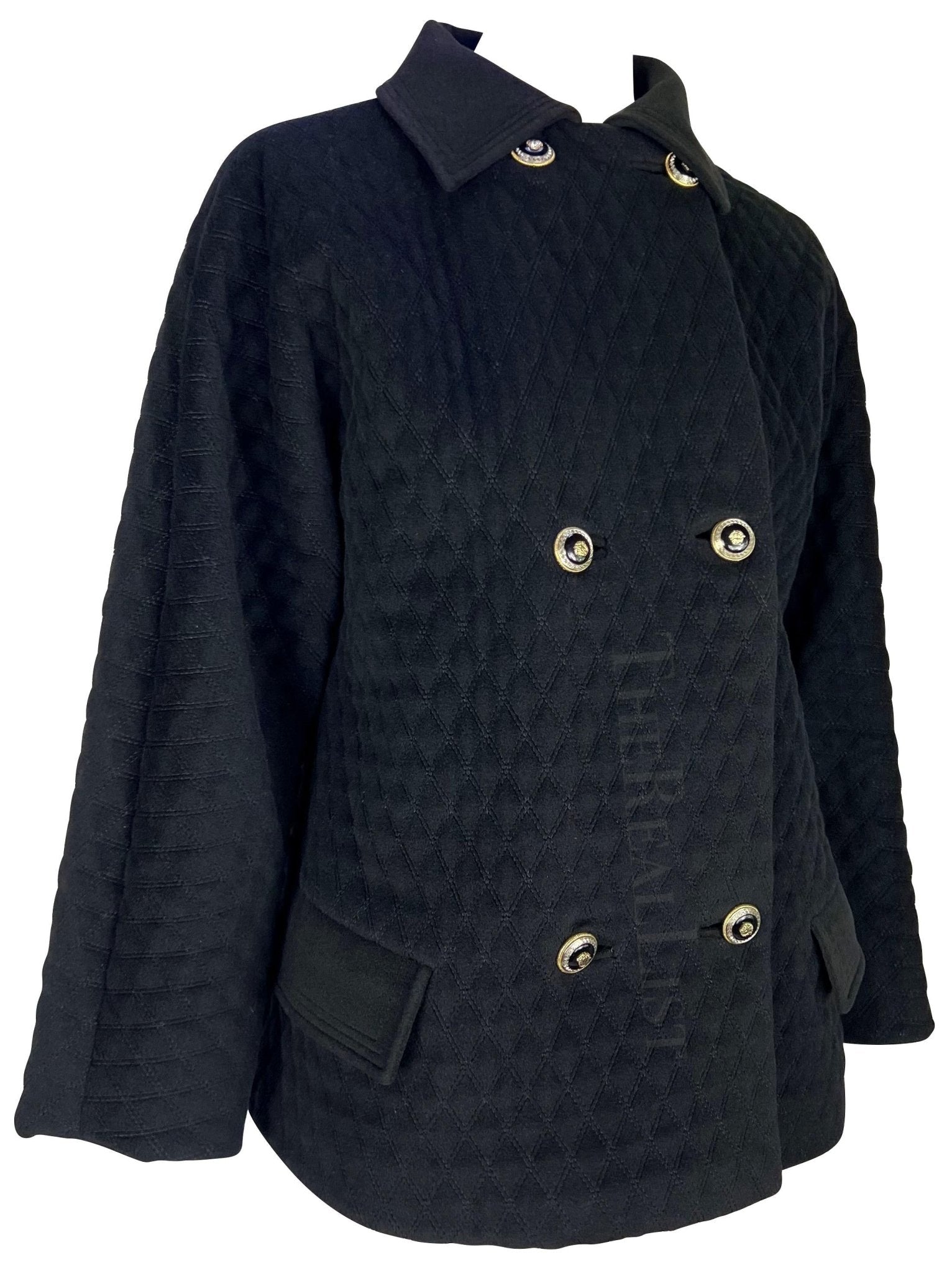 1990s Gianni Versace Black Quilted Oversized Medusa Button Car Coat - RealList