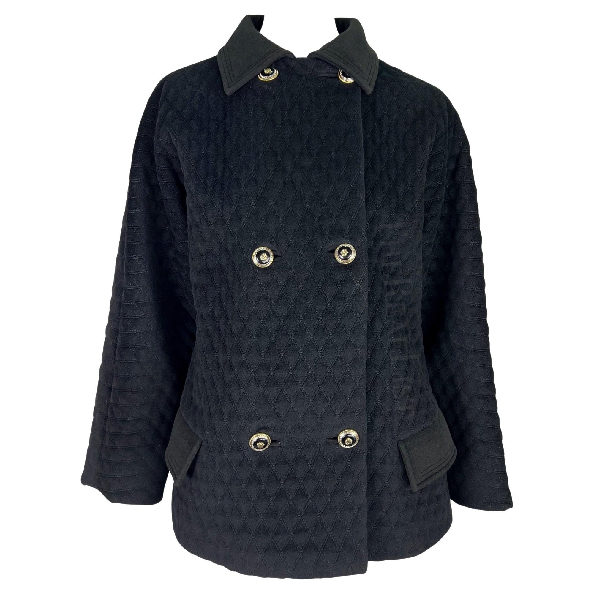 1990s Gianni Versace Black Quilted Oversized Medusa Button Car Coat - RealList