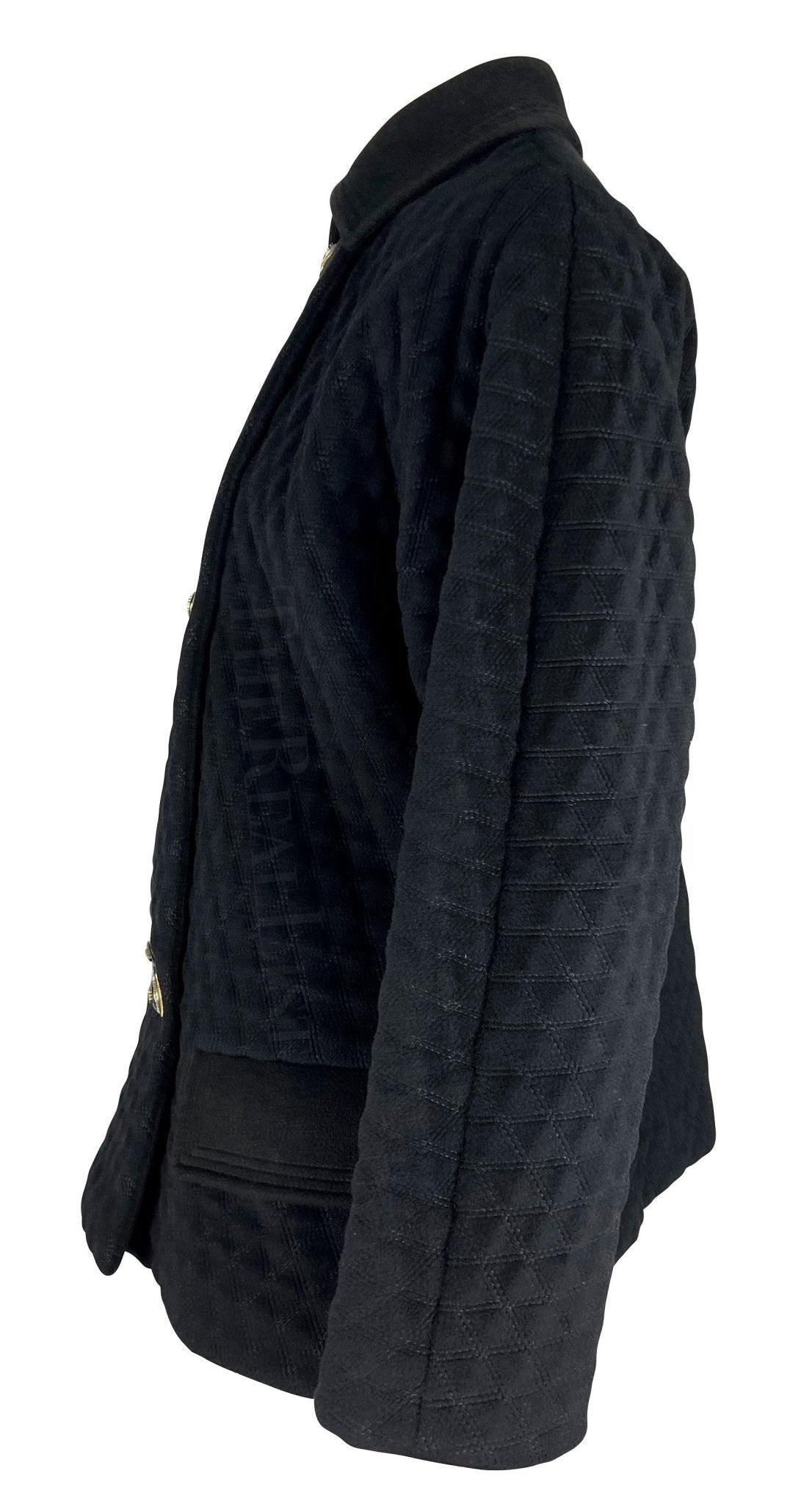 1990s Gianni Versace Black Quilted Oversized Medusa Button Car Coat - RealList