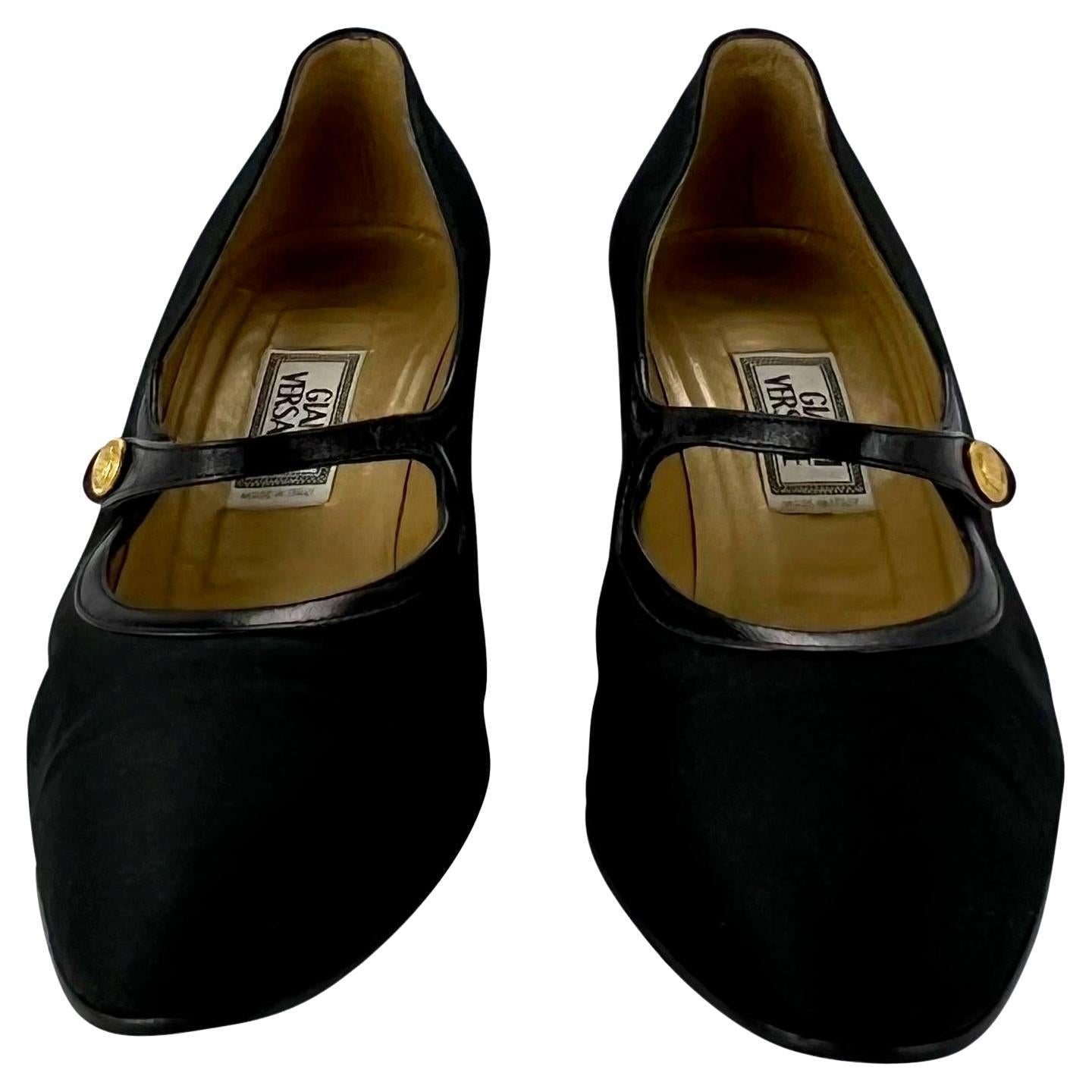 1990s Gianni Versace Black Satin Gold Medusa Mary Jane Pumps Size 37 - RealList