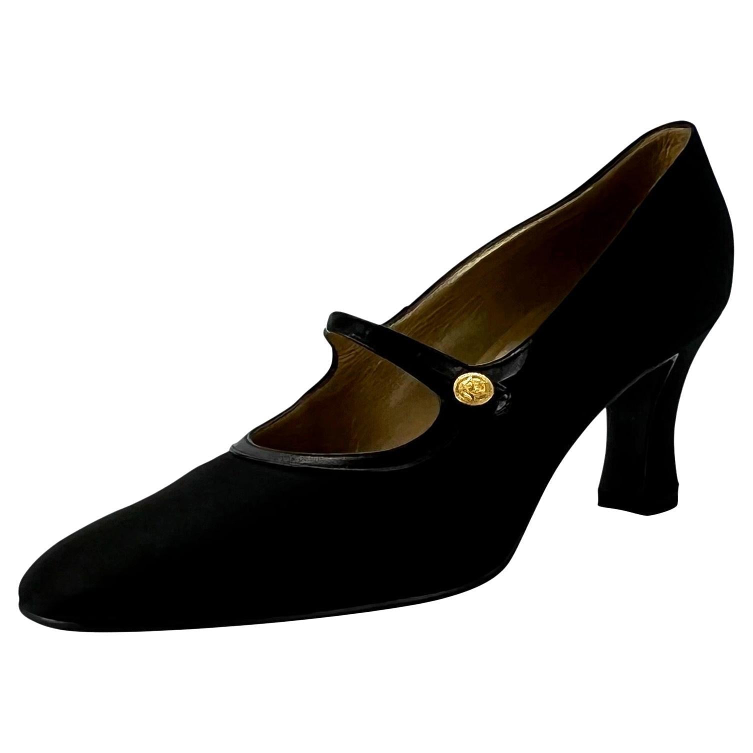 1990s Gianni Versace Black Satin Gold Medusa Mary Jane Pumps Size 37 - RealList