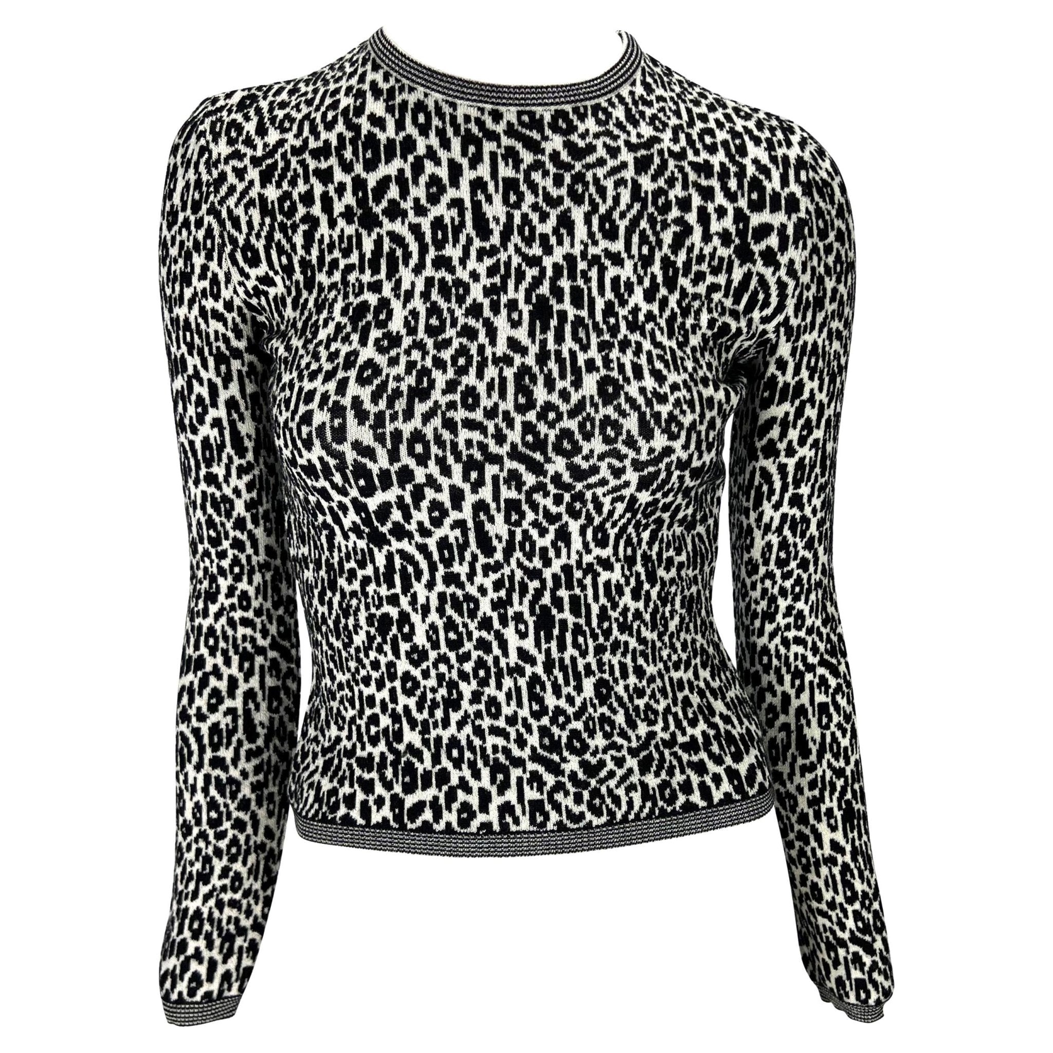1990s Gianni Versace Black White Cheetah Print Stretch Knit Sweater Top - RealList