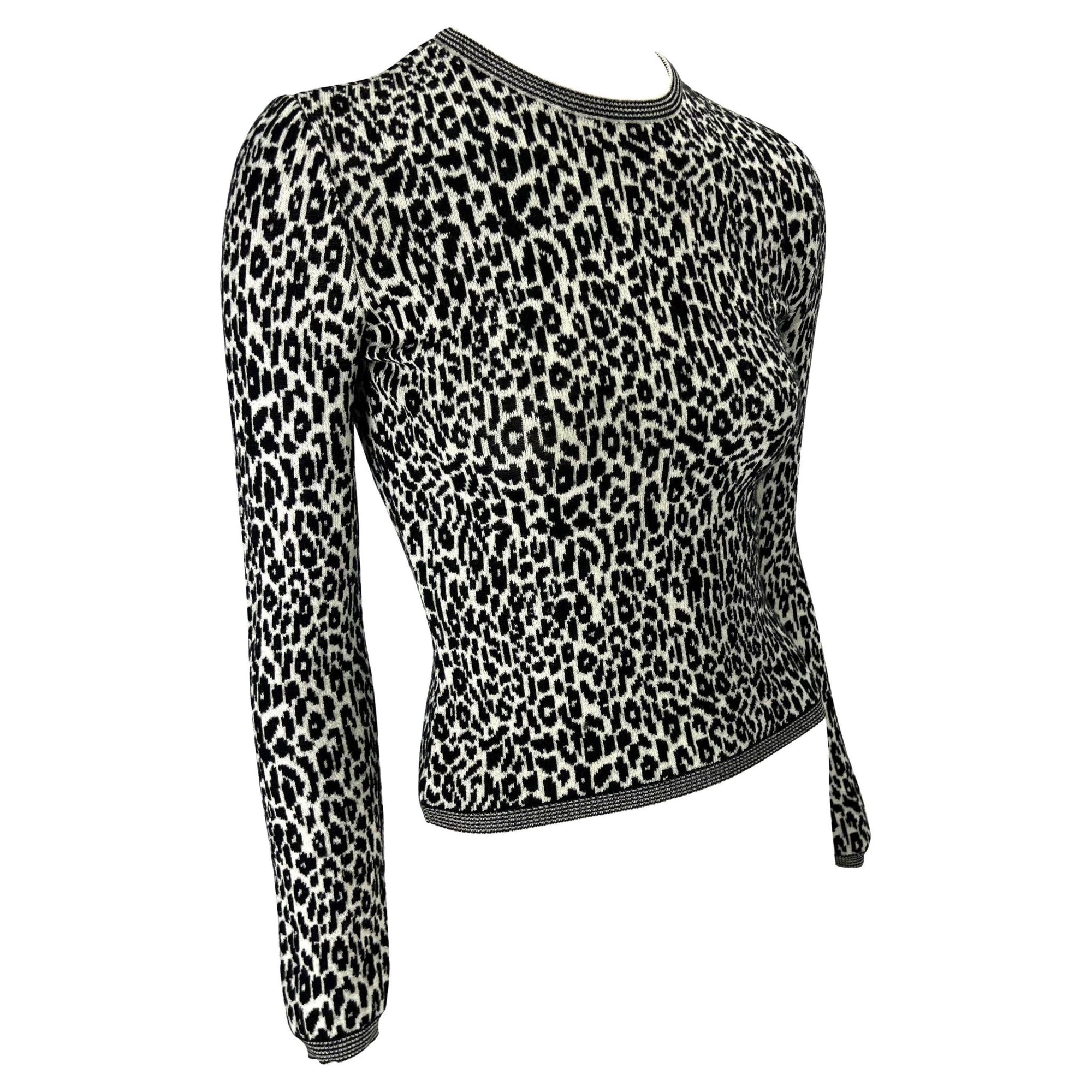 1990s Gianni Versace Black White Cheetah Print Stretch Knit Sweater Top - RealList