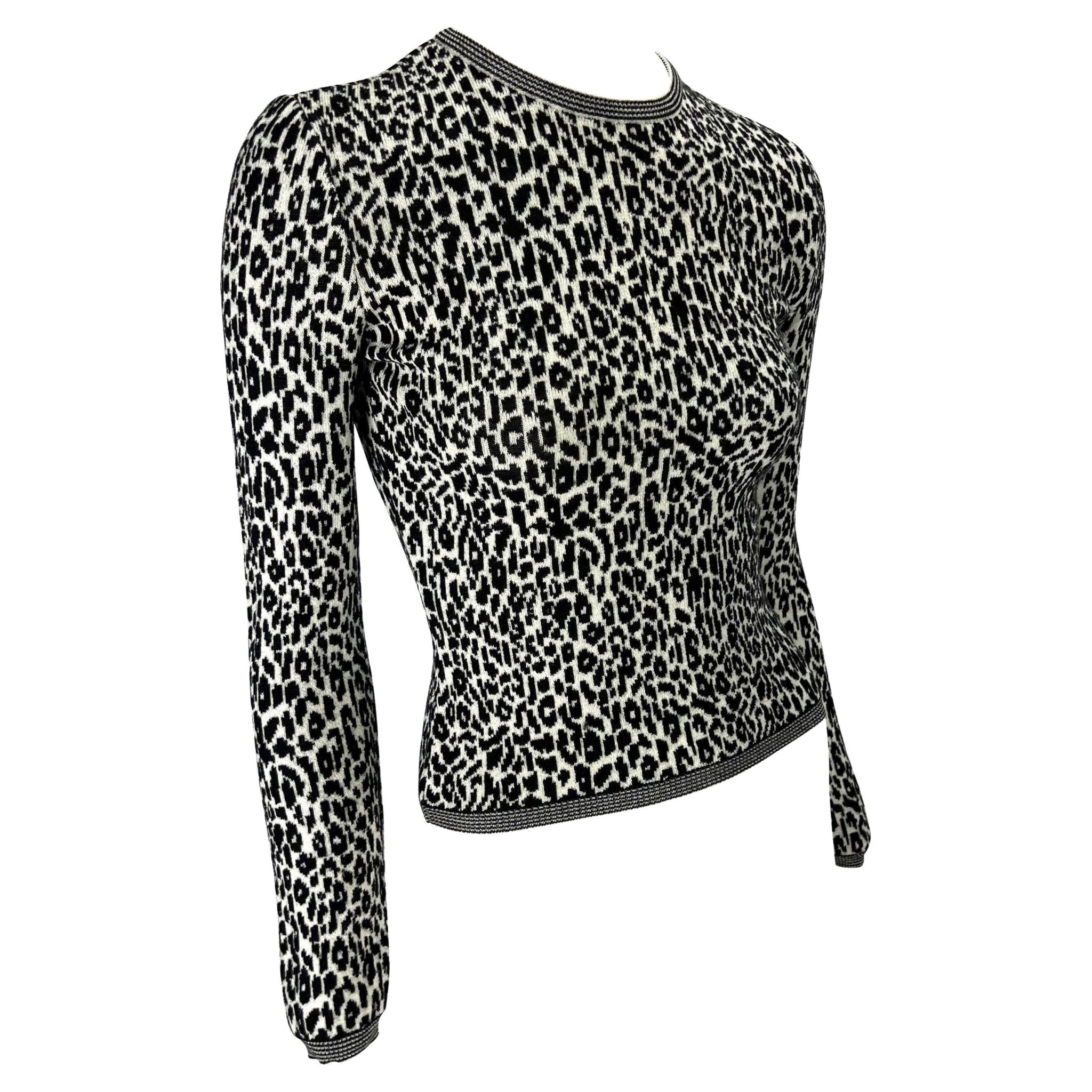1990s Gianni Versace Black White Cheetah Print Stretch Knit Sweater Top - RealList