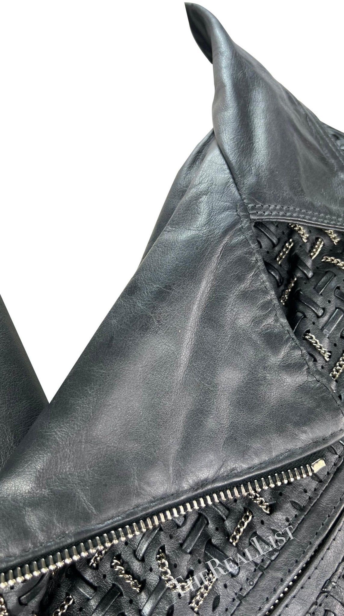 1990s Gianni Versace Black Woven Leather Silver Chain Oversized Leather Jacket - RealList