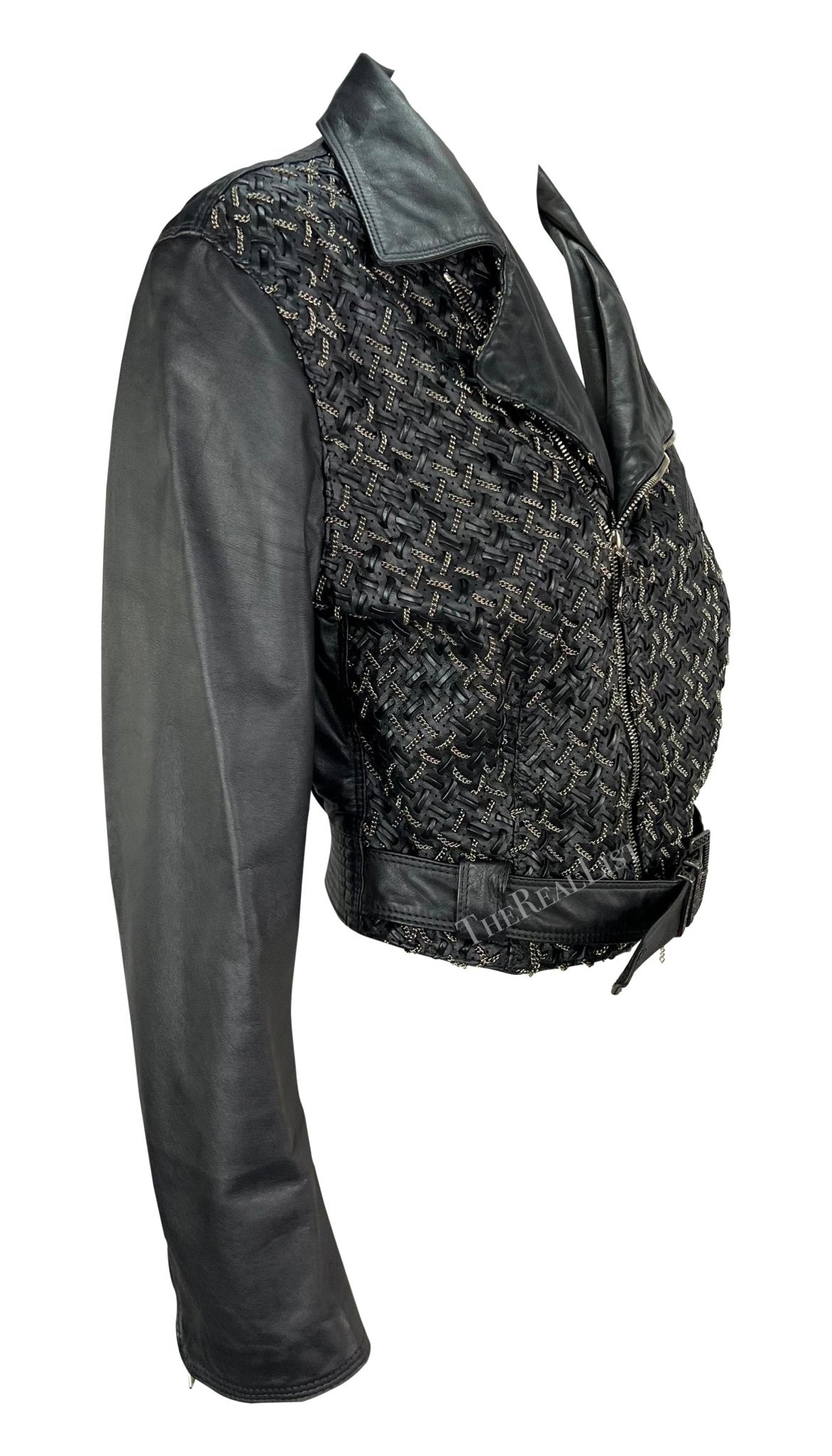 1990s Gianni Versace Black Woven Leather Silver Chain Oversized Leather Jacket - RealList