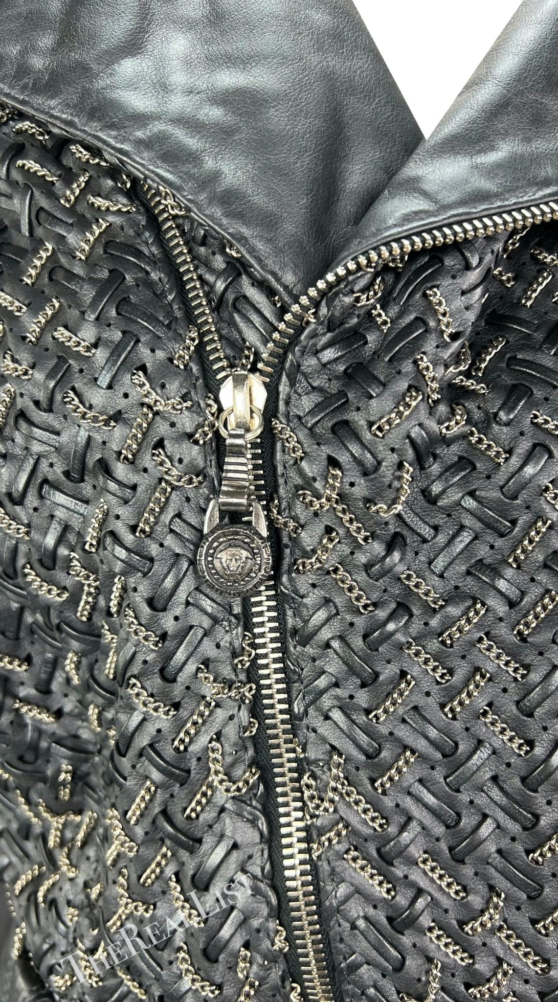 1990s Gianni Versace Black Woven Leather Silver Chain Oversized Leather Jacket - RealList