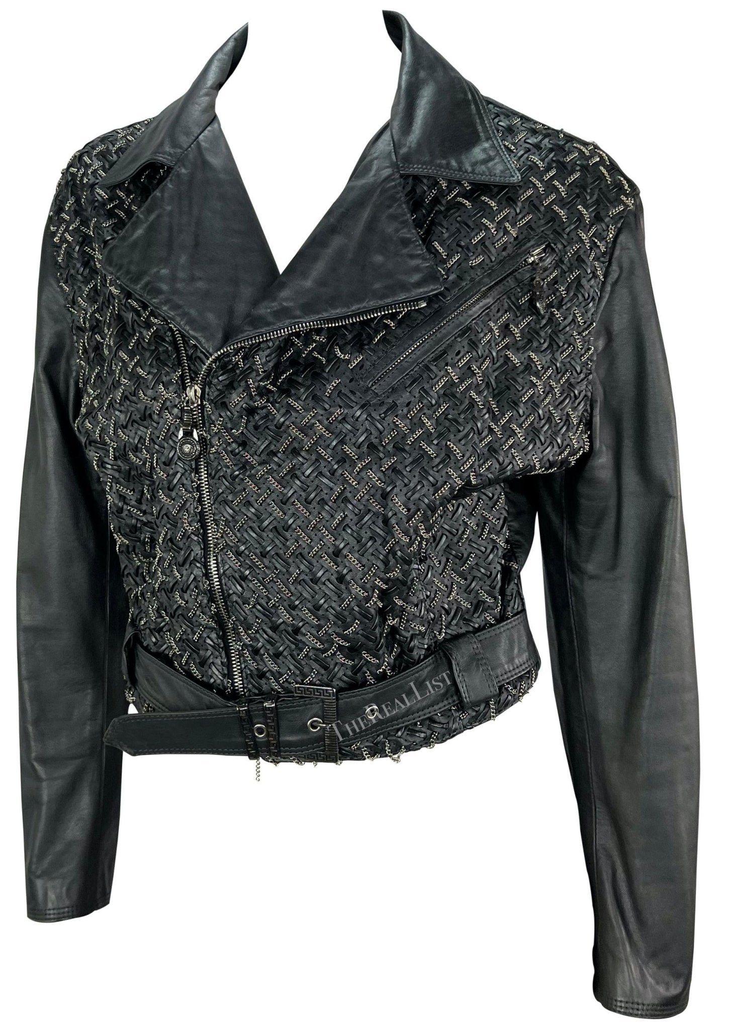 1990s Gianni Versace Black Woven Leather Silver Chain Oversized Leather Jacket - RealList