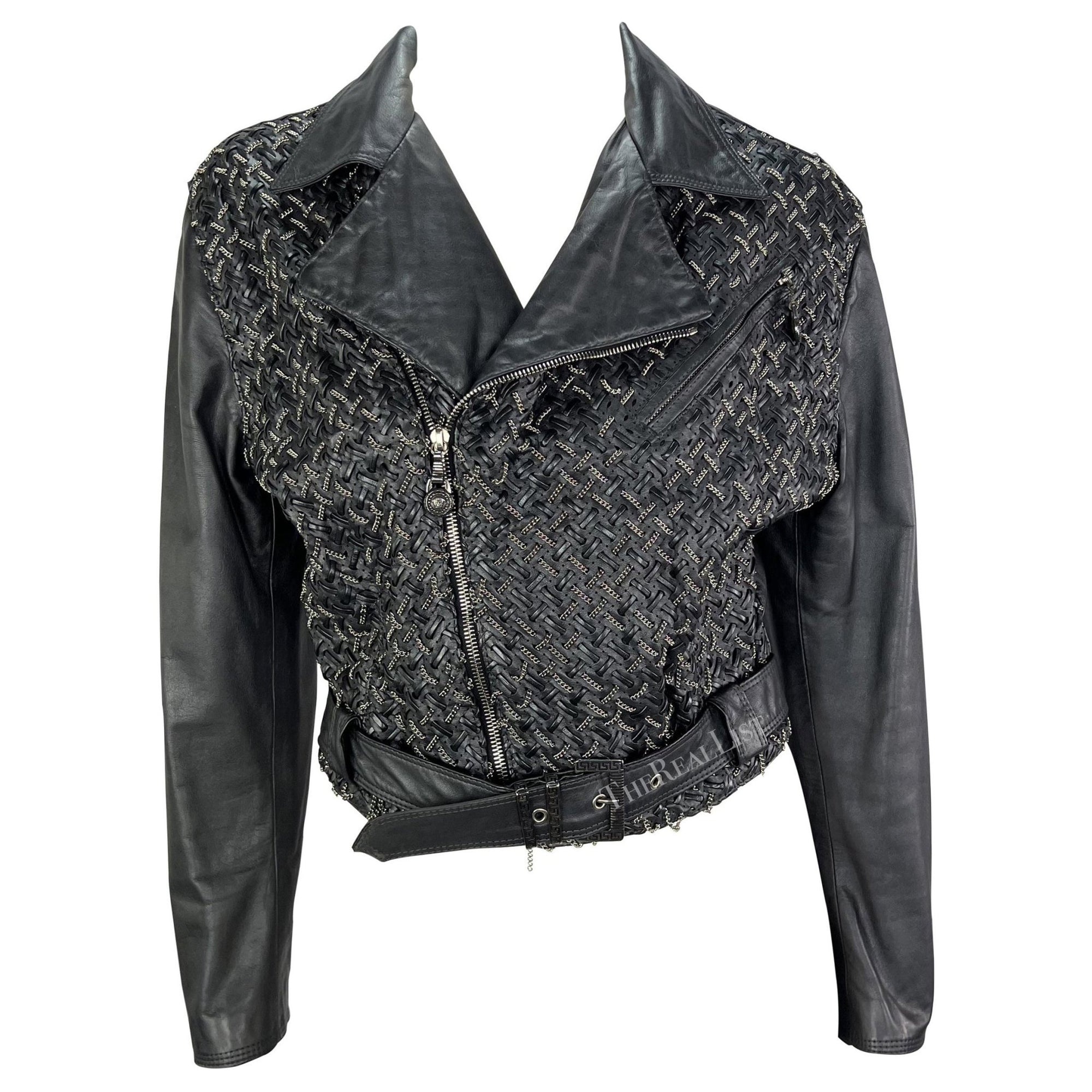 1990s Gianni Versace Black Woven Leather Silver Chain Oversized Leather Jacket - RealList