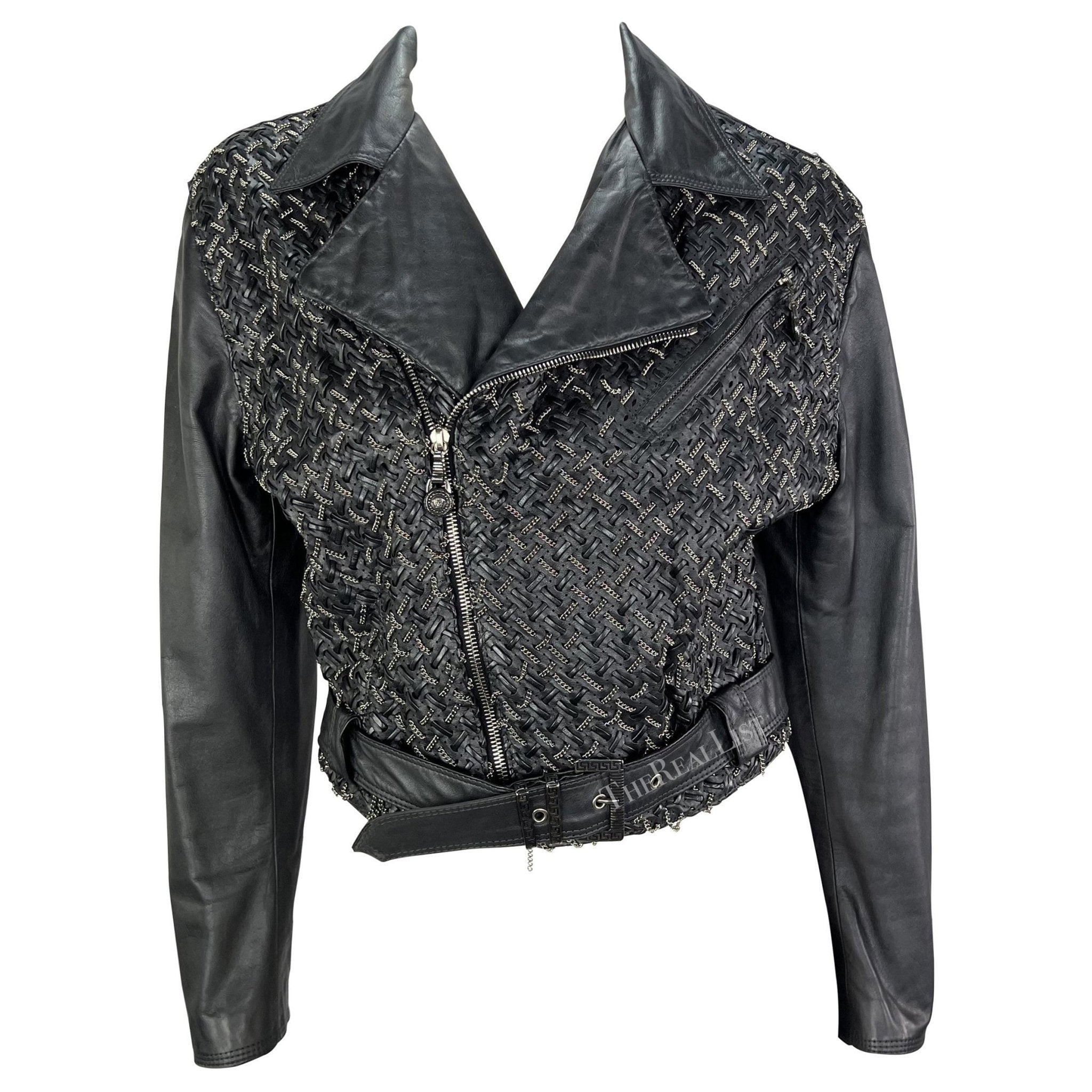 1990s Gianni Versace Black Woven Leather Silver Chain Oversized Leather Jacket - RealList