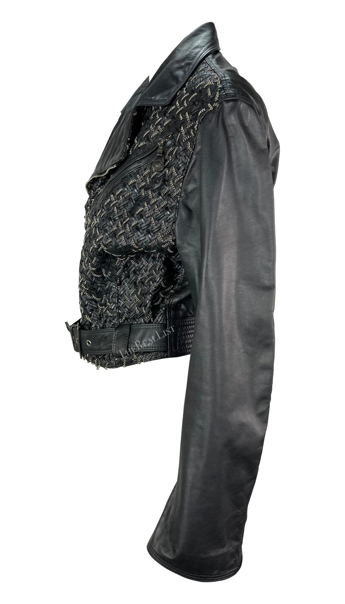 1990s Gianni Versace Black Woven Leather Silver Chain Oversized Leather Jacket - RealList