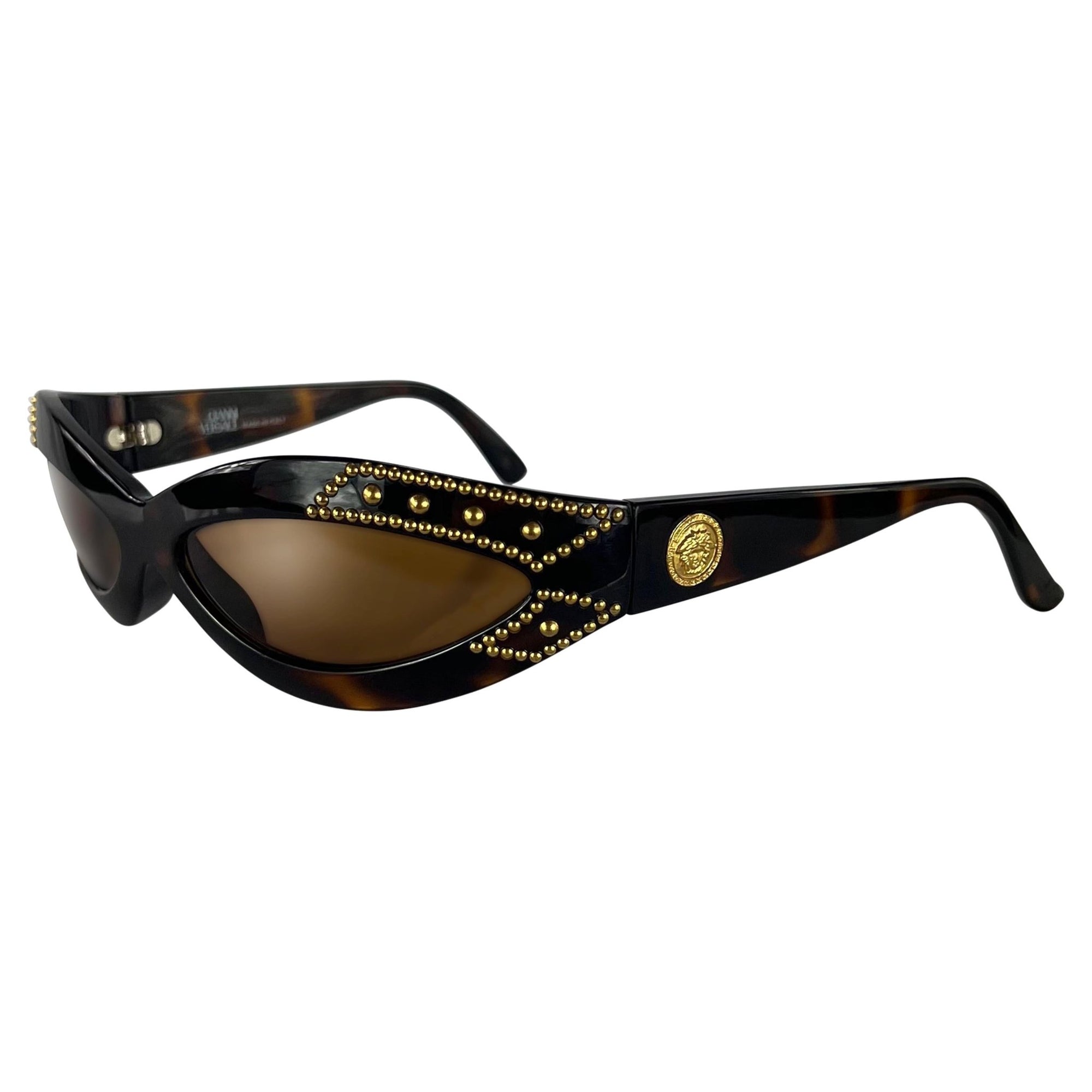 1990s Gianni Versace Brown Tortoise Shell Gold Studded Medusa Sunglasses - RealList