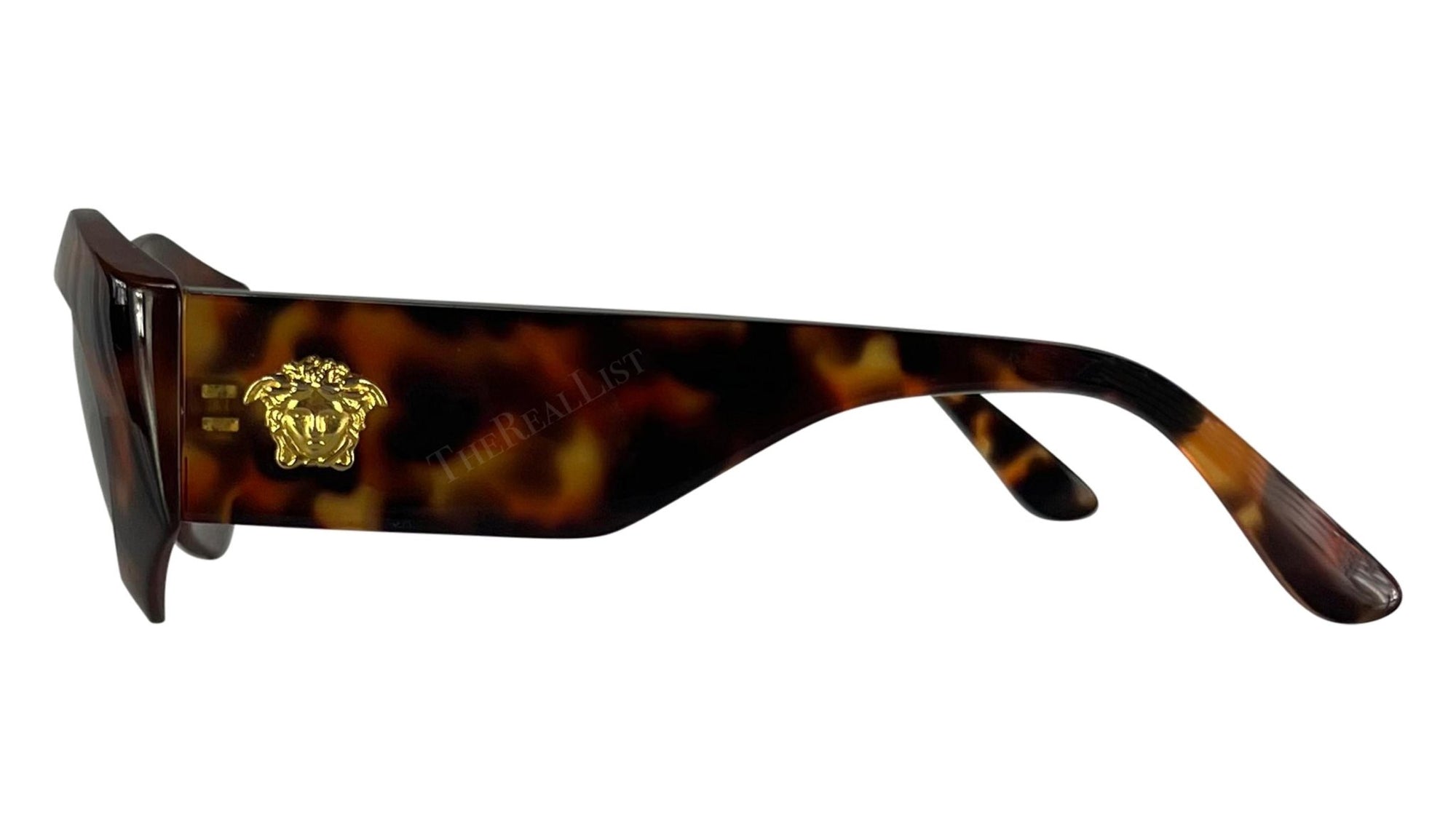 1990s Gianni Versace Brown Tortoise Shell Medusa Chunky Pointed Frame Sunglasses - RealList