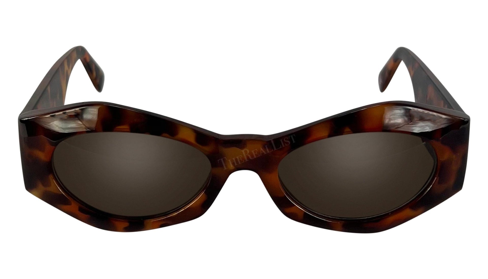 1990s Gianni Versace Brown Tortoise Shell Medusa Chunky Pointed Frame Sunglasses - RealList