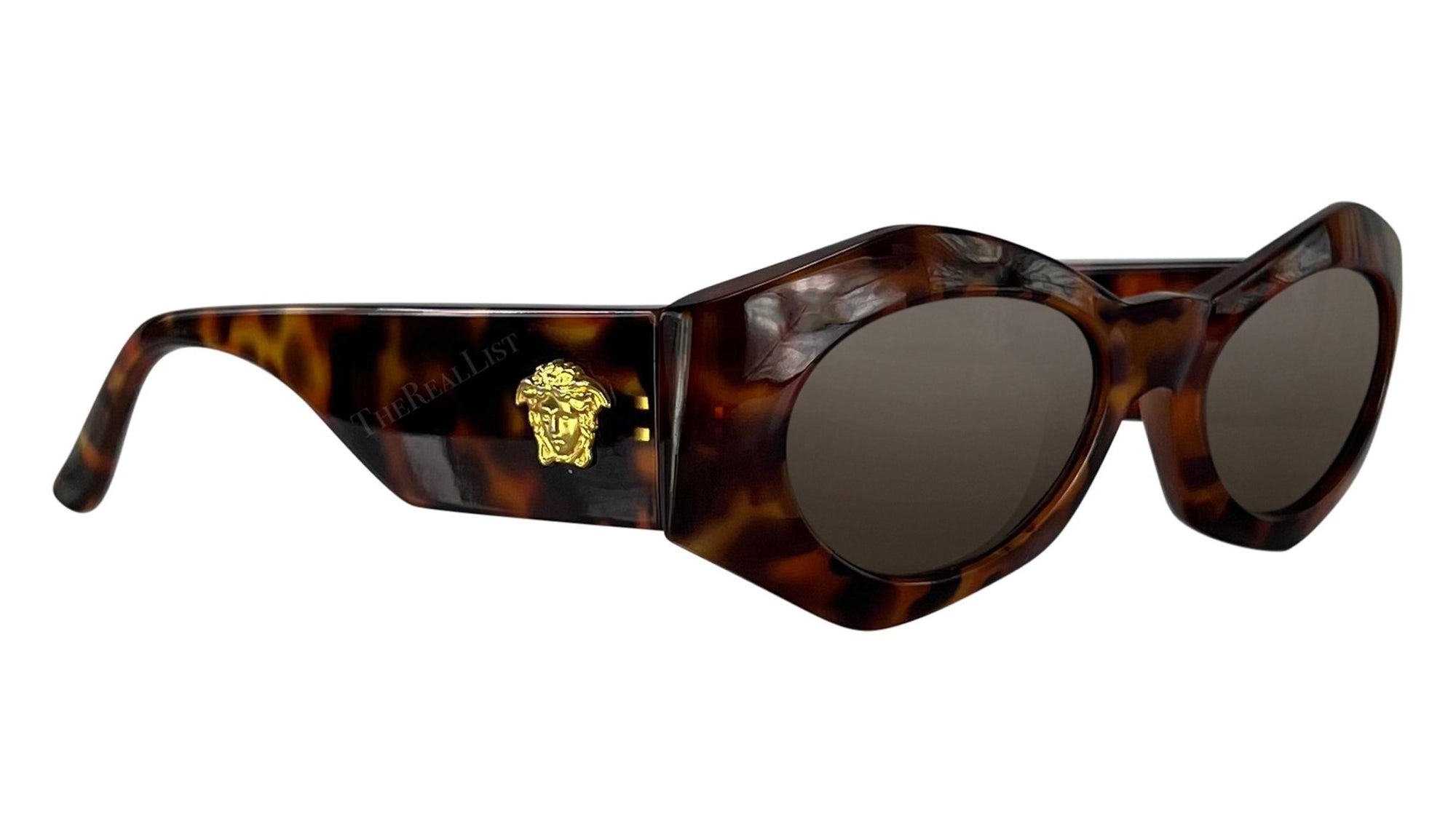 1990s Gianni Versace Brown Tortoise Shell Medusa Chunky Pointed Frame Sunglasses - RealList