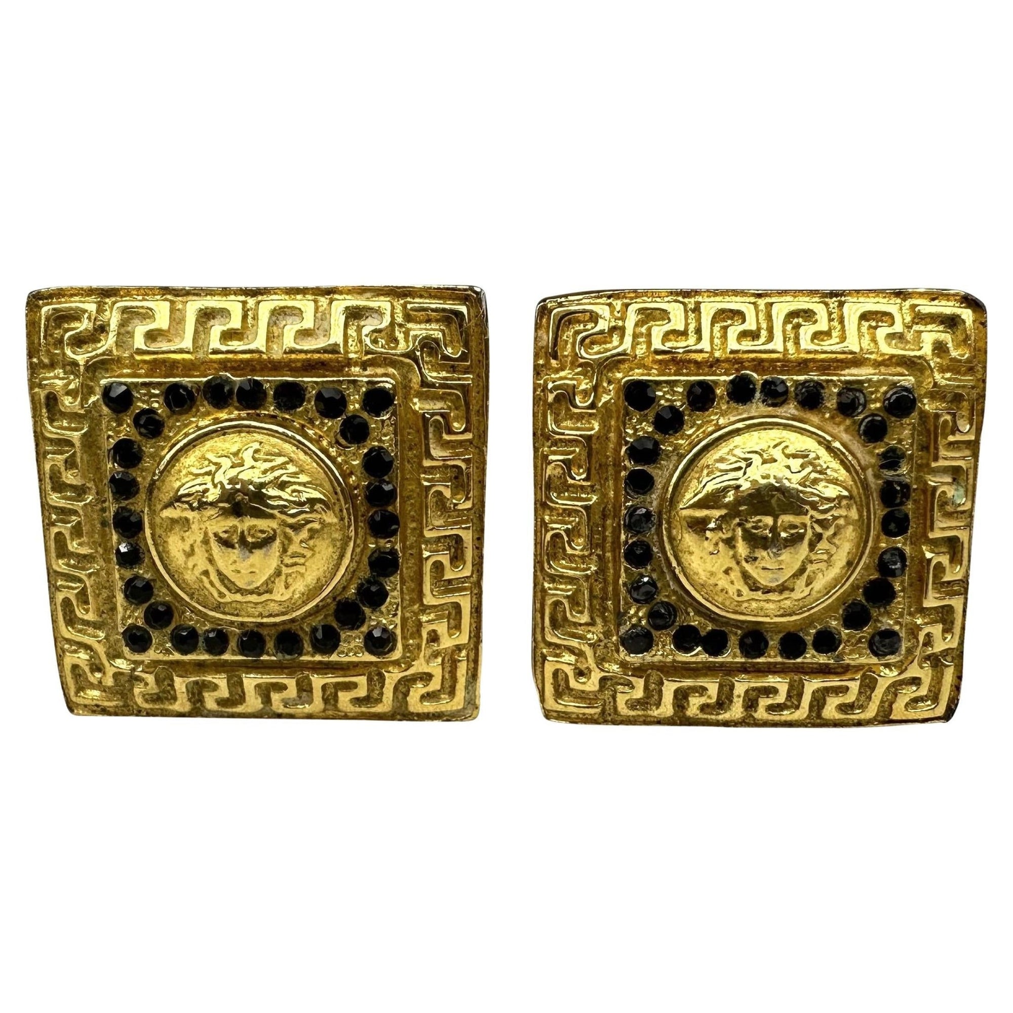 1990s Gianni Versace Costume Gold Square Rhinestone Clip On Earrings - RealList