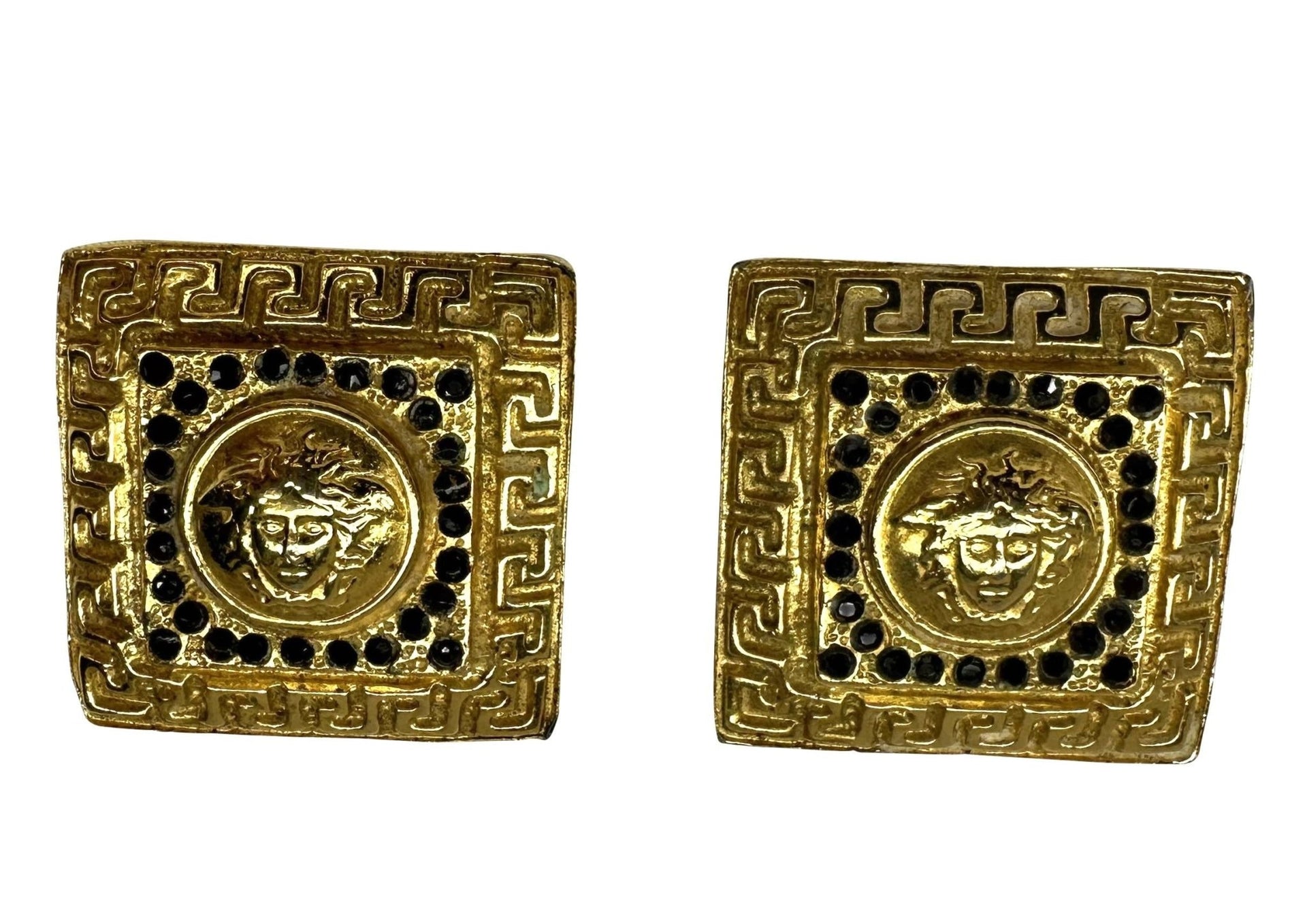 1990s Gianni Versace Costume Gold Square Rhinestone Clip On Earrings - RealList