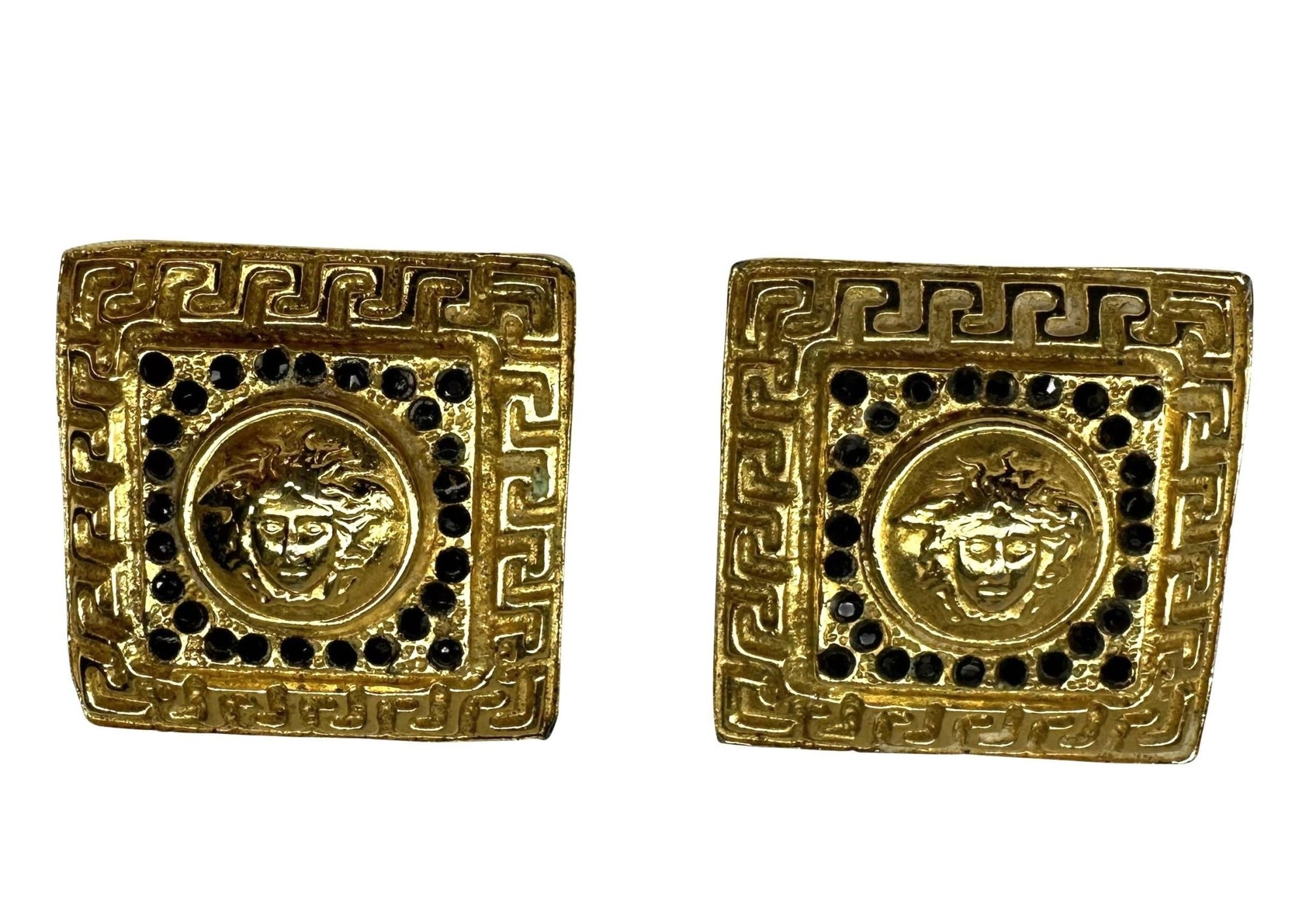 1990s Gianni Versace Costume Gold Square Rhinestone Clip On Earrings - RealList