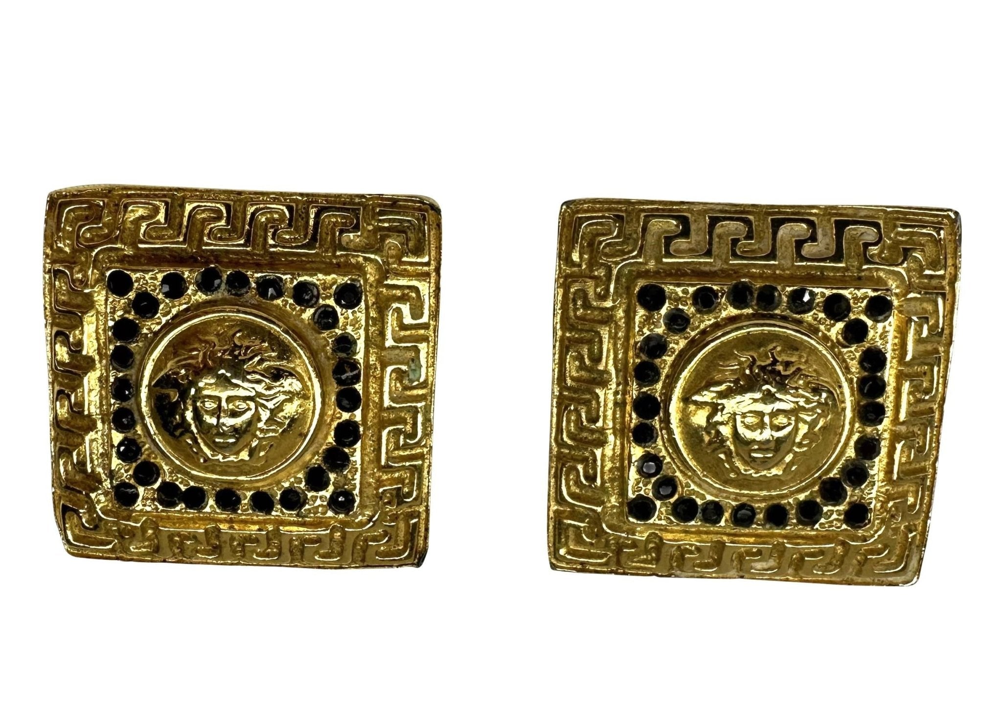 1990s Gianni Versace Costume Gold Square Rhinestone Clip On Earrings - RealList
