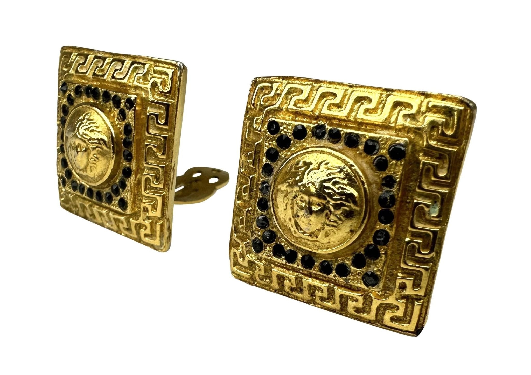 1990s Gianni Versace Costume Gold Square Rhinestone Clip On Earrings - RealList