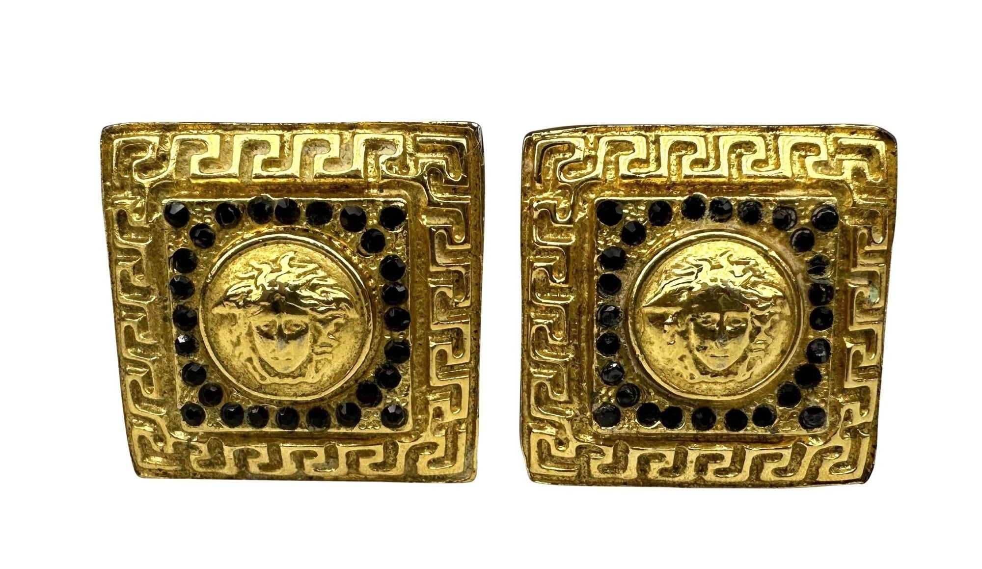 1990s Gianni Versace Costume Gold Square Rhinestone Clip On Earrings - RealList
