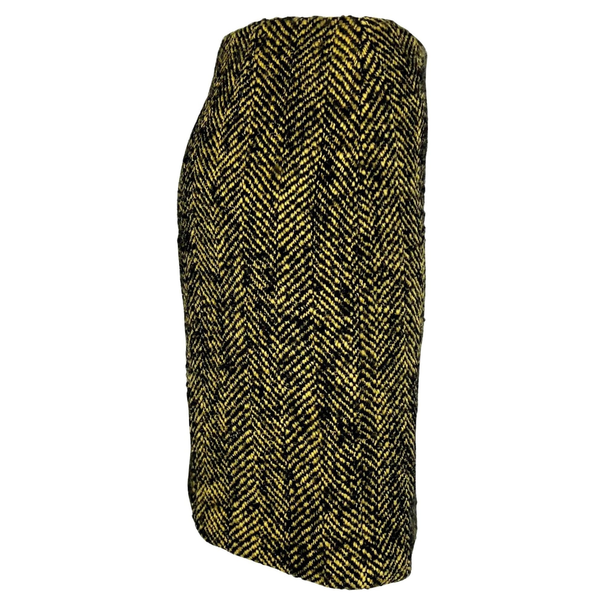 1990s Gianni Versace Couture Black Yellow Chevron Tweed Skirt - RealList