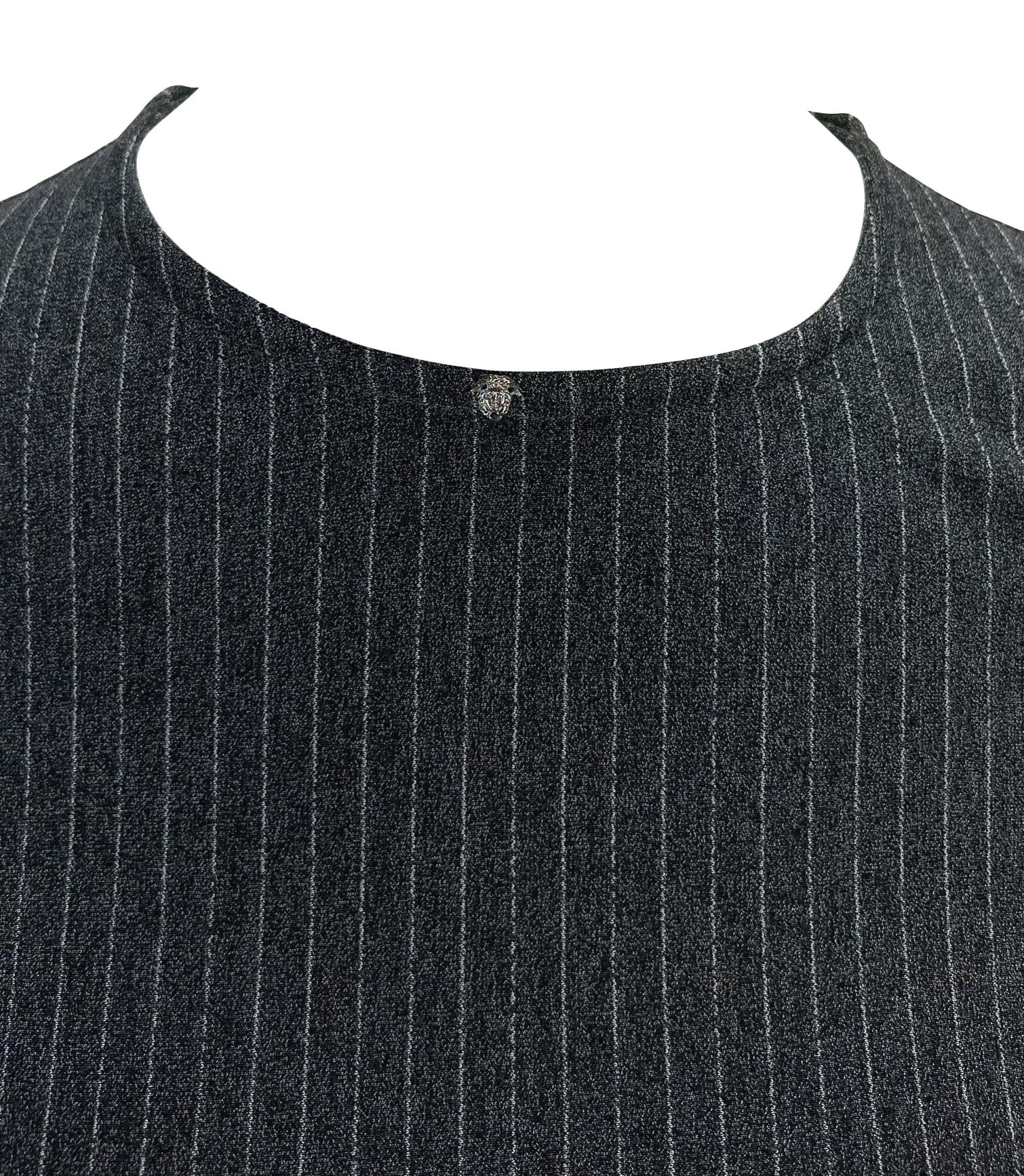 1990s Gianni Versace Couture Grey Pinstripe Stretch Medusa Blouse - RealList