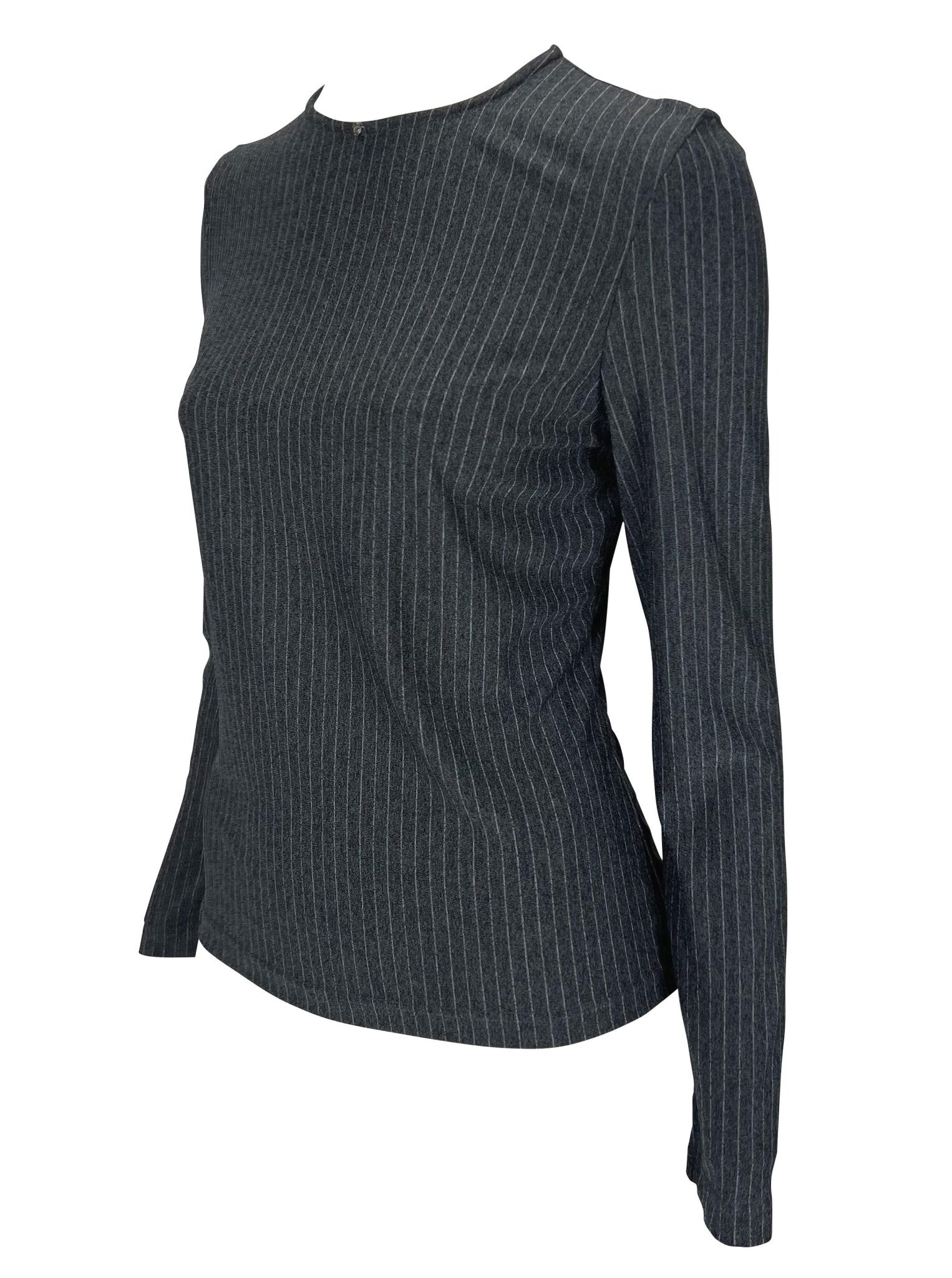 1990s Gianni Versace Couture Grey Pinstripe Stretch Medusa Blouse - RealList