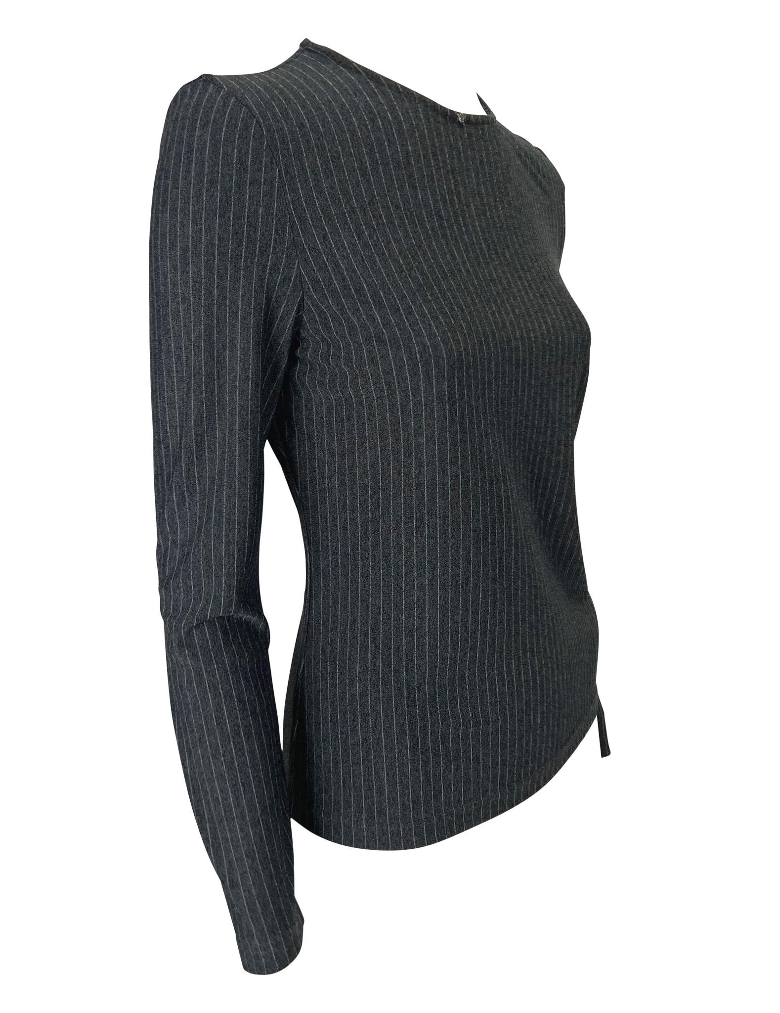 1990s Gianni Versace Couture Grey Pinstripe Stretch Medusa Blouse - RealList