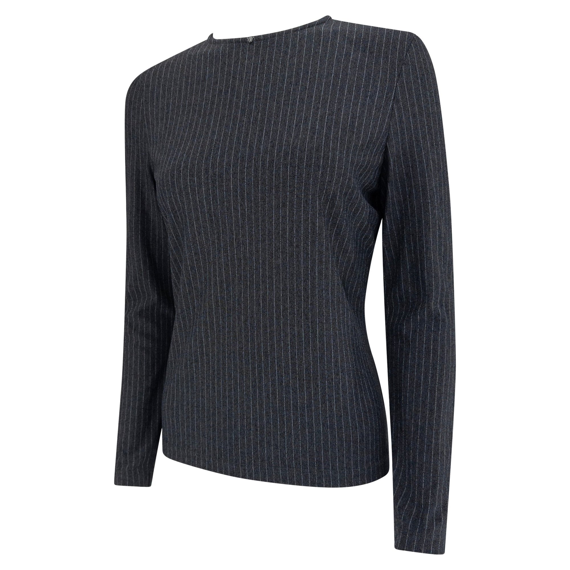 1990s Gianni Versace Couture Grey Pinstripe Stretch Medusa Blouse - RealList