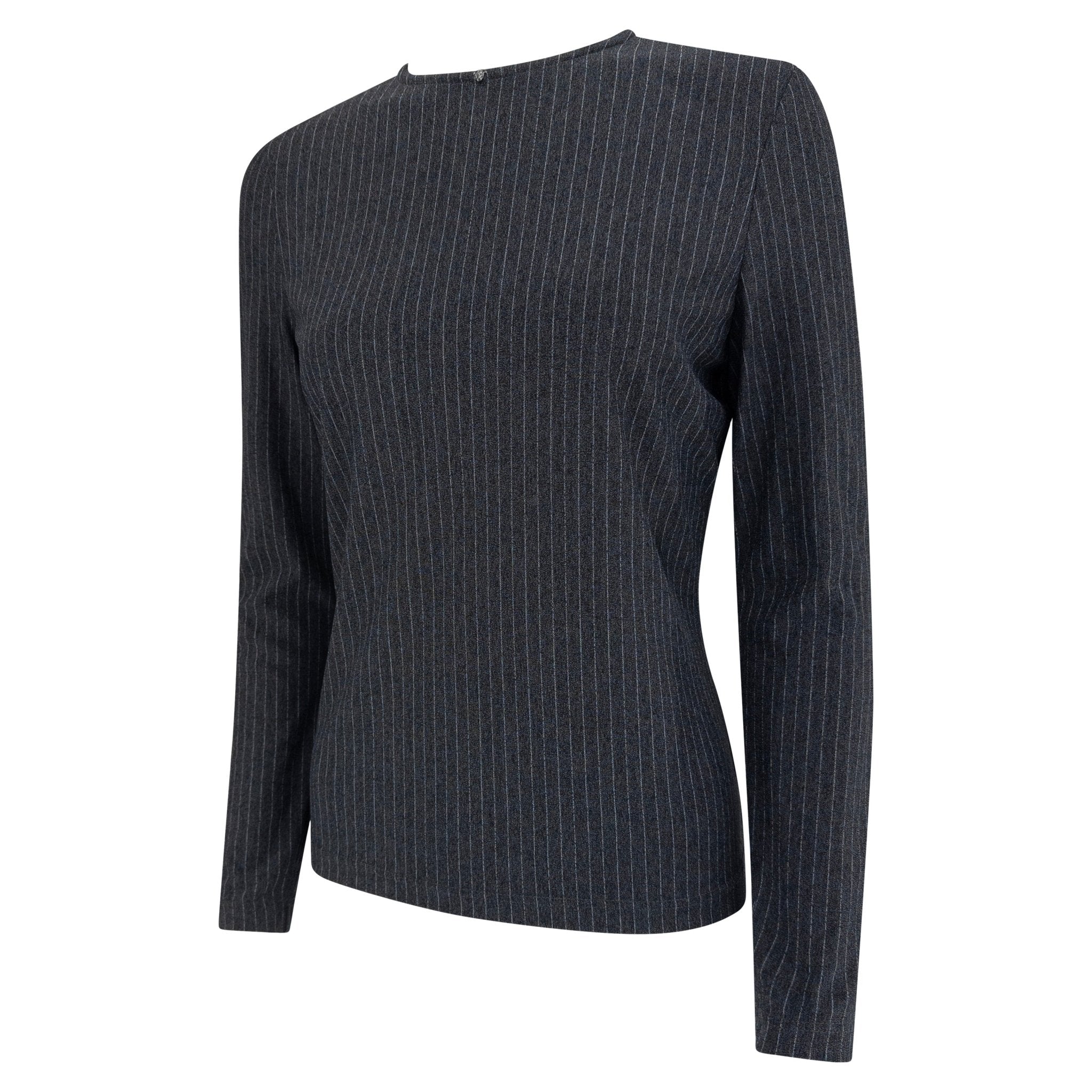1990s Gianni Versace Couture Grey Pinstripe Stretch Medusa Blouse - RealList