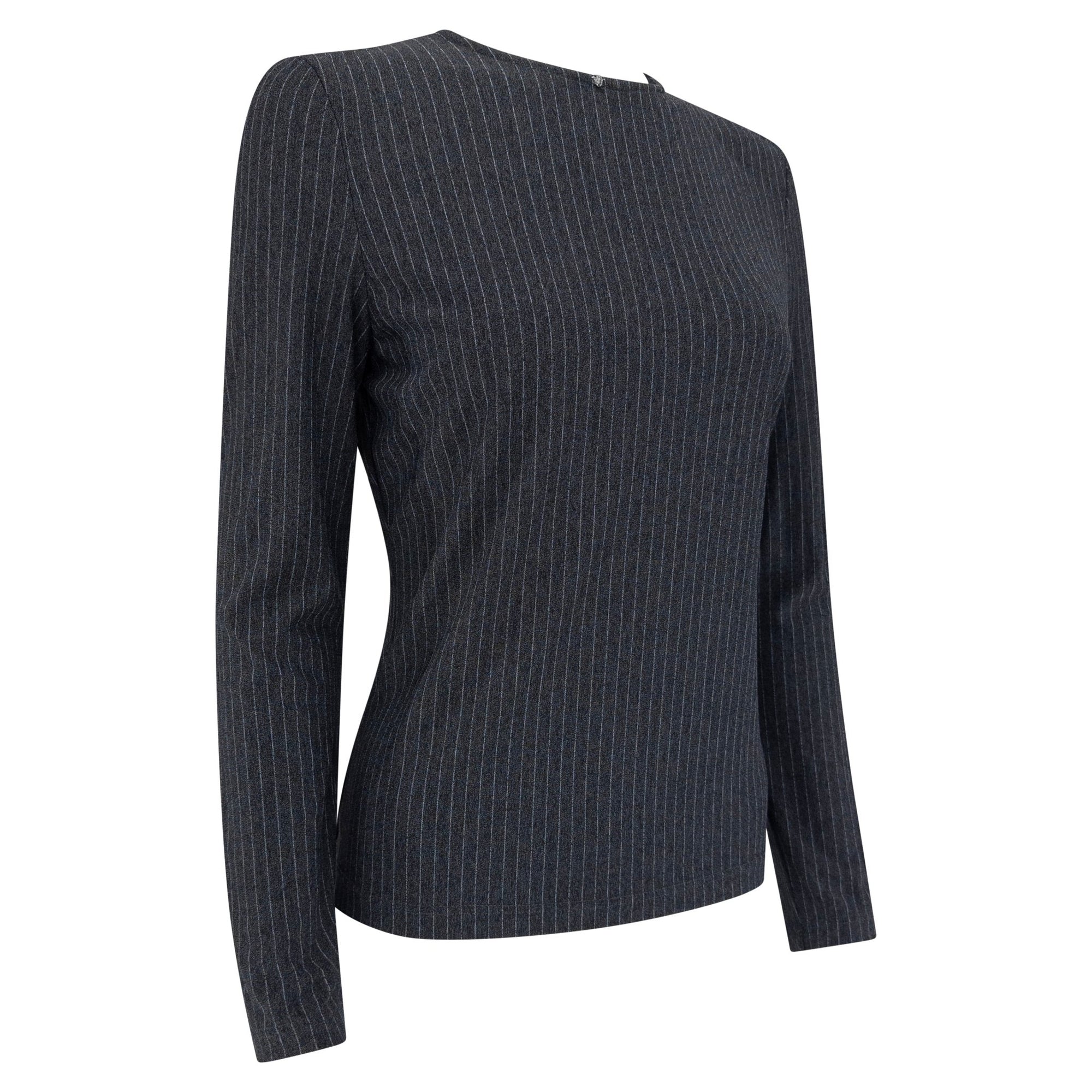 1990s Gianni Versace Couture Grey Pinstripe Stretch Medusa Blouse - RealList