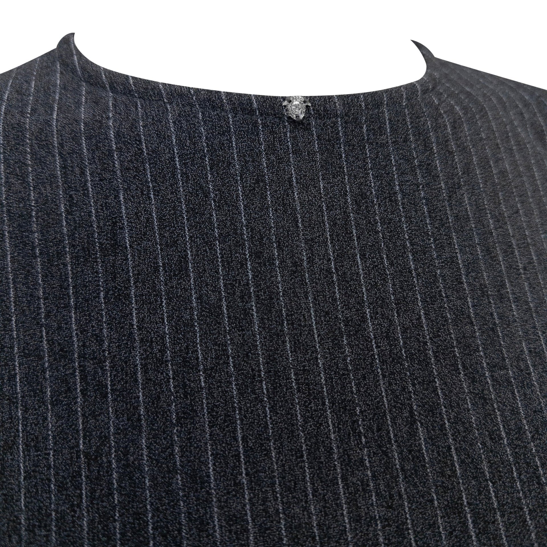1990s Gianni Versace Couture Grey Pinstripe Stretch Medusa Blouse - RealList