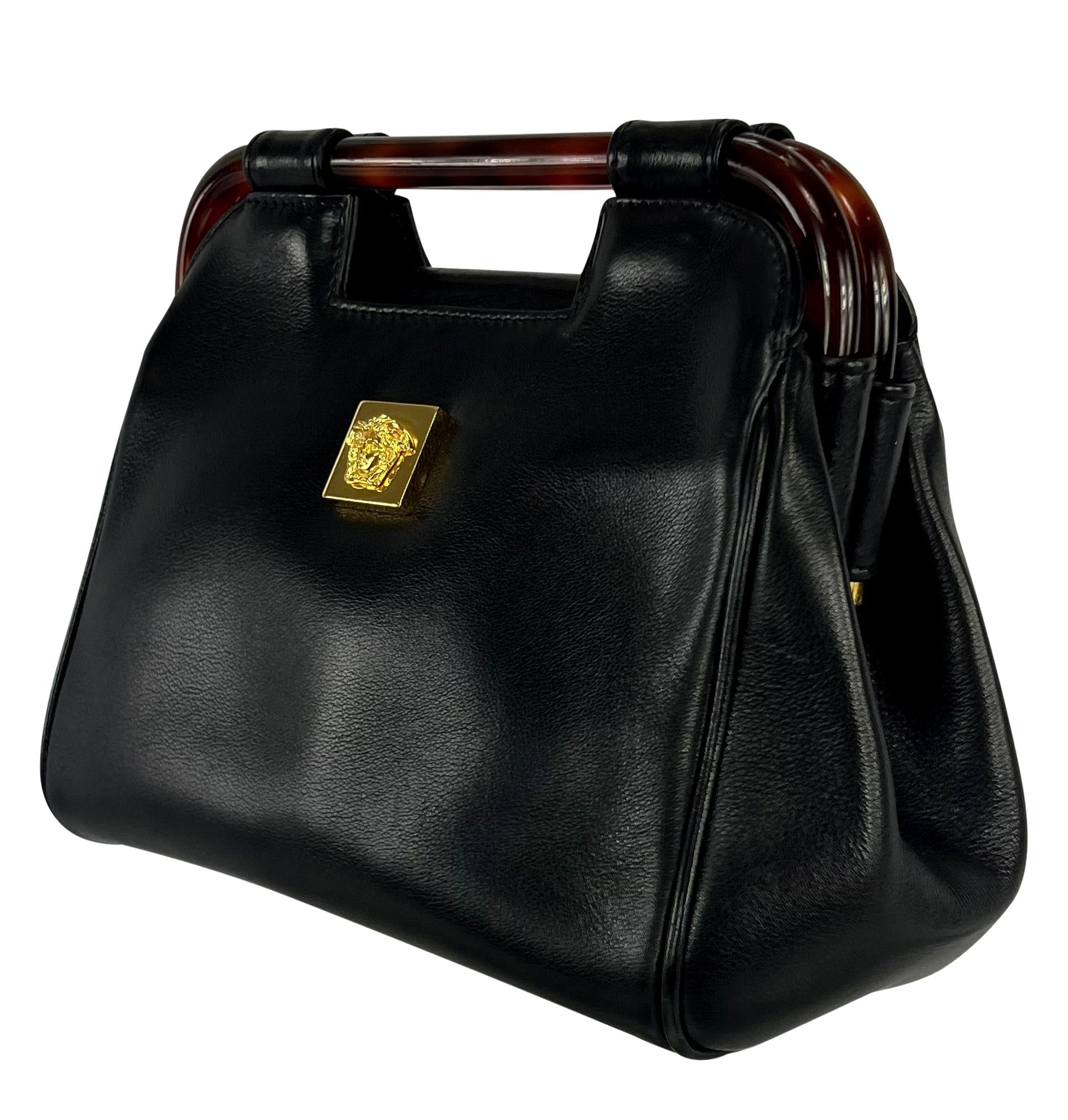 1990s Gianni Versace Couture Leather Medusa Relief Acrylic Frame Handle Mini Bag - RealList