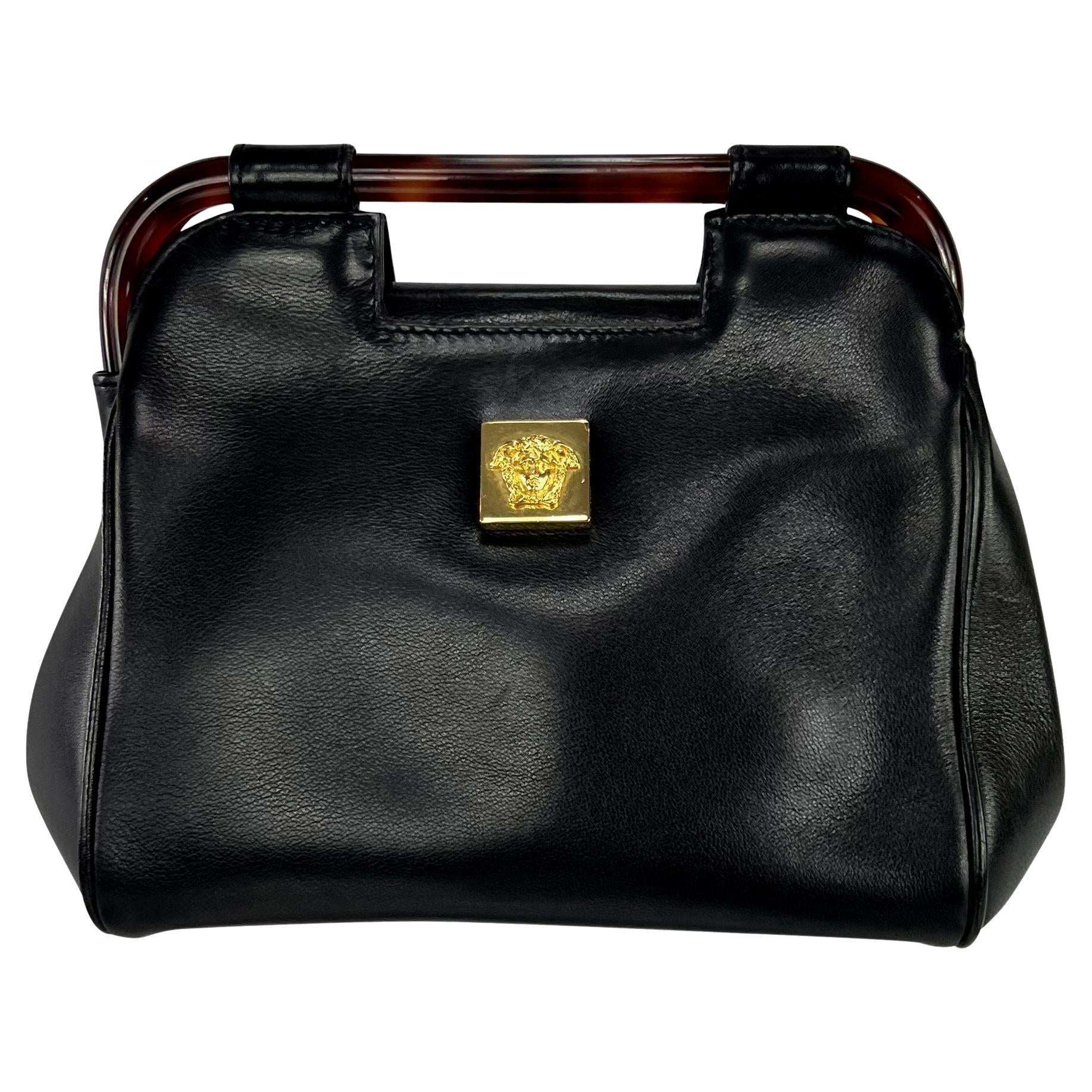 1990s Gianni Versace Couture Leather Medusa Relief Acrylic Frame Handle Mini Bag - RealList