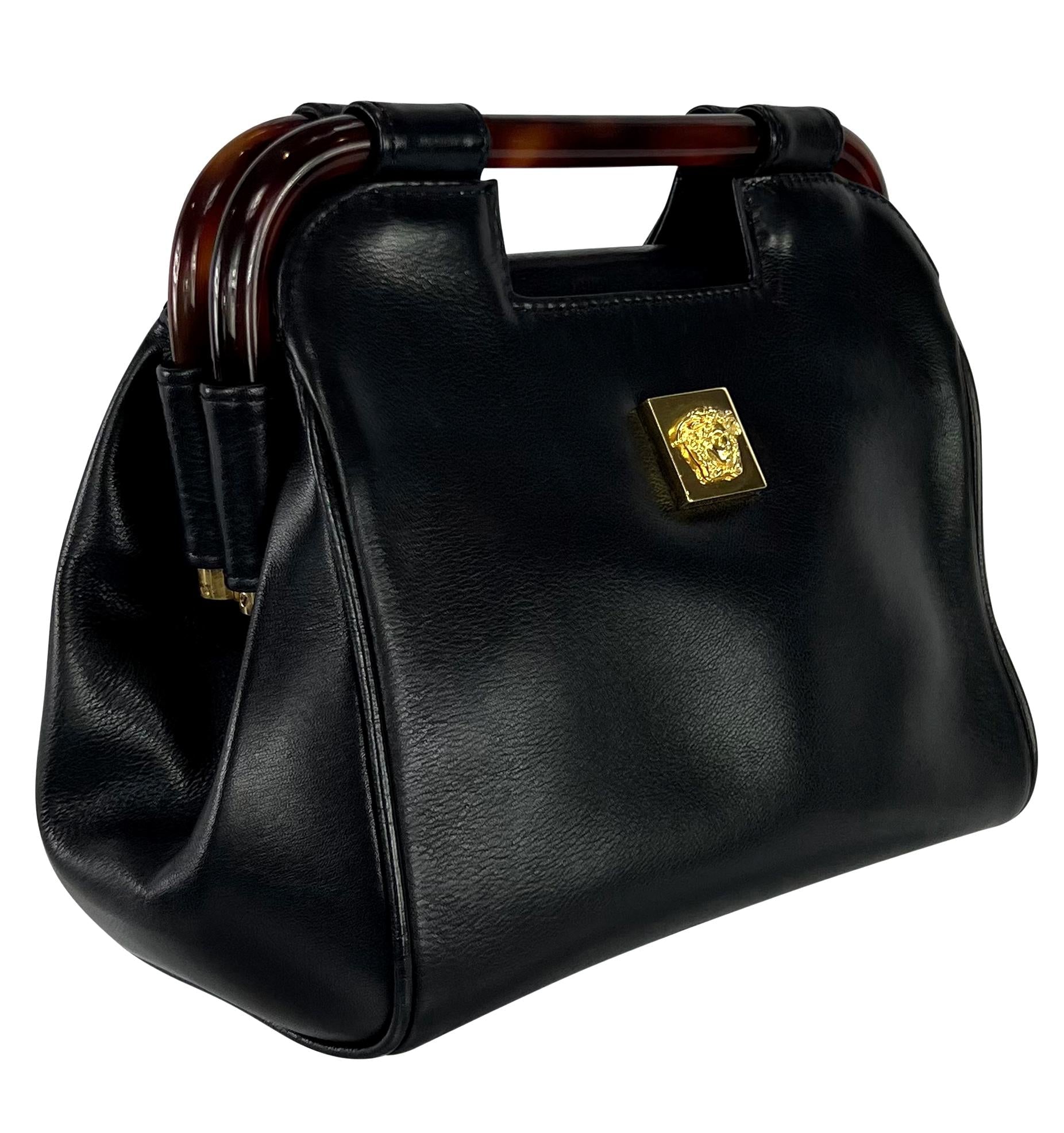 1990s Gianni Versace Couture Leather Medusa Relief Acrylic Frame Handle Mini Bag - RealList