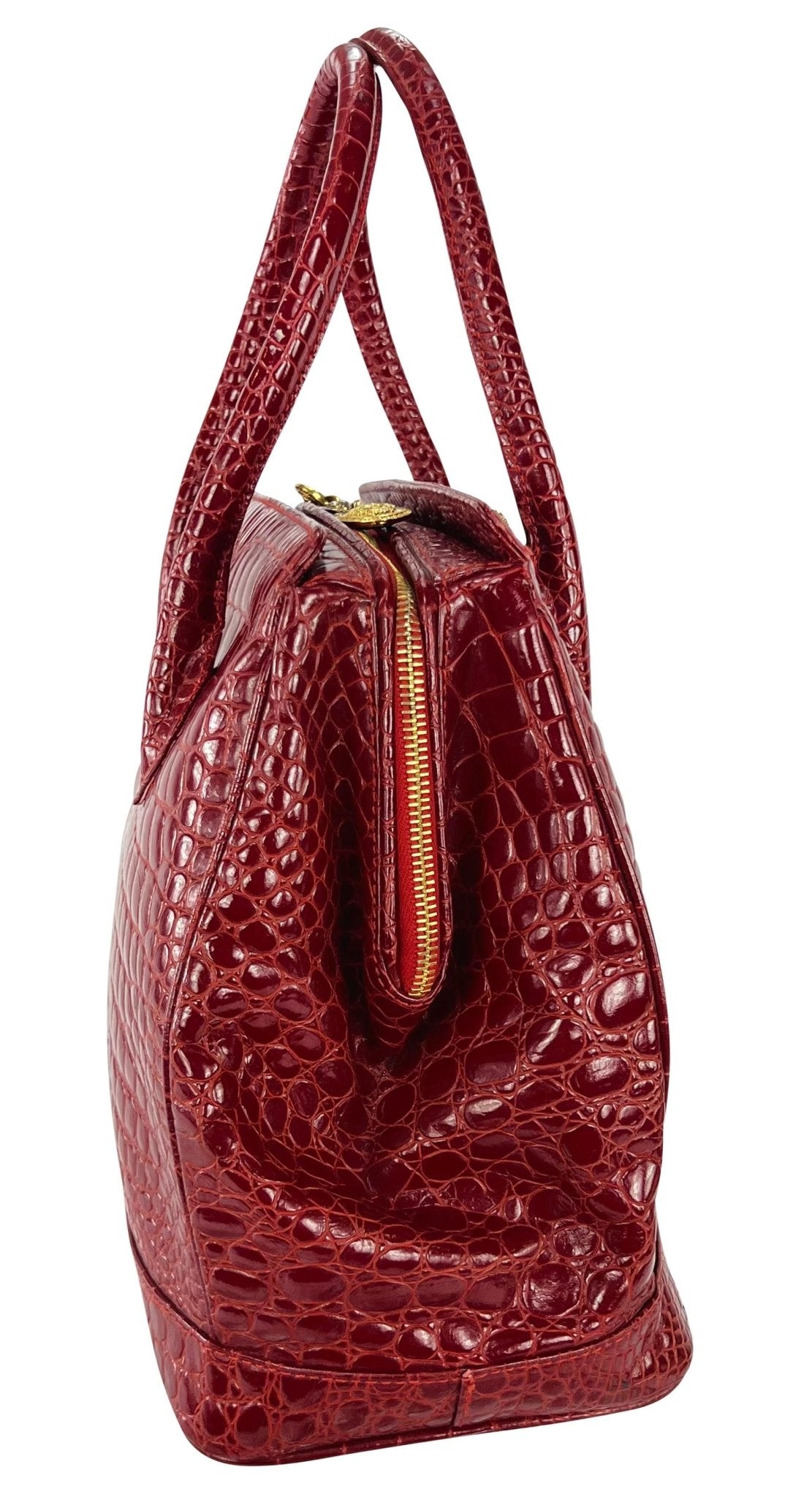 1990s Gianni Versace Couture Red Embossed Leather Medusa Large Tote Bag - RealList
