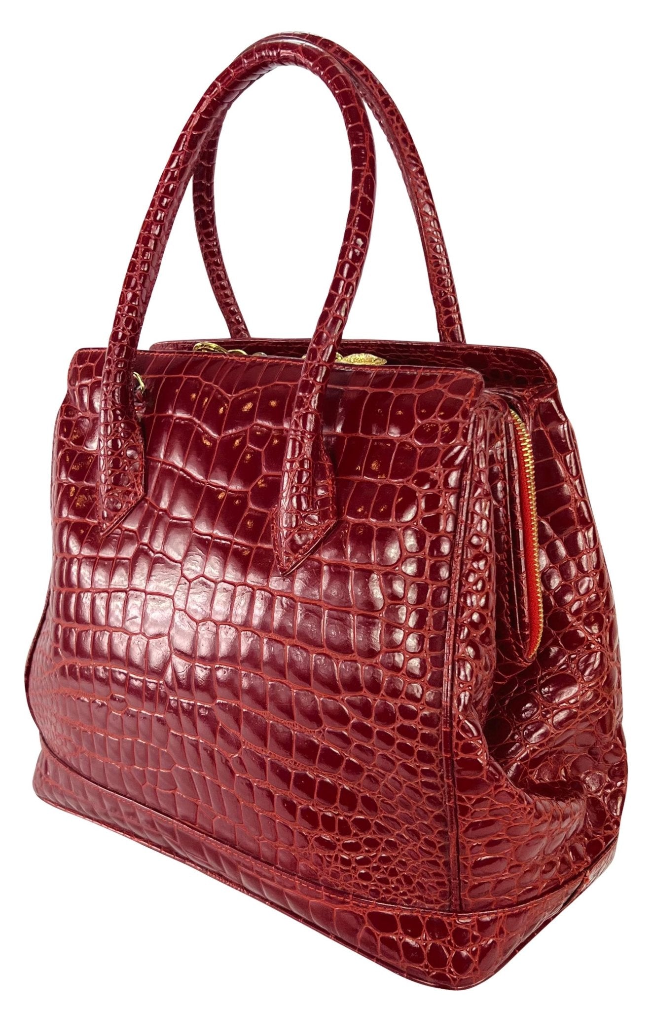 1990s Gianni Versace Couture Red Embossed Leather Medusa Large Tote Bag - RealList