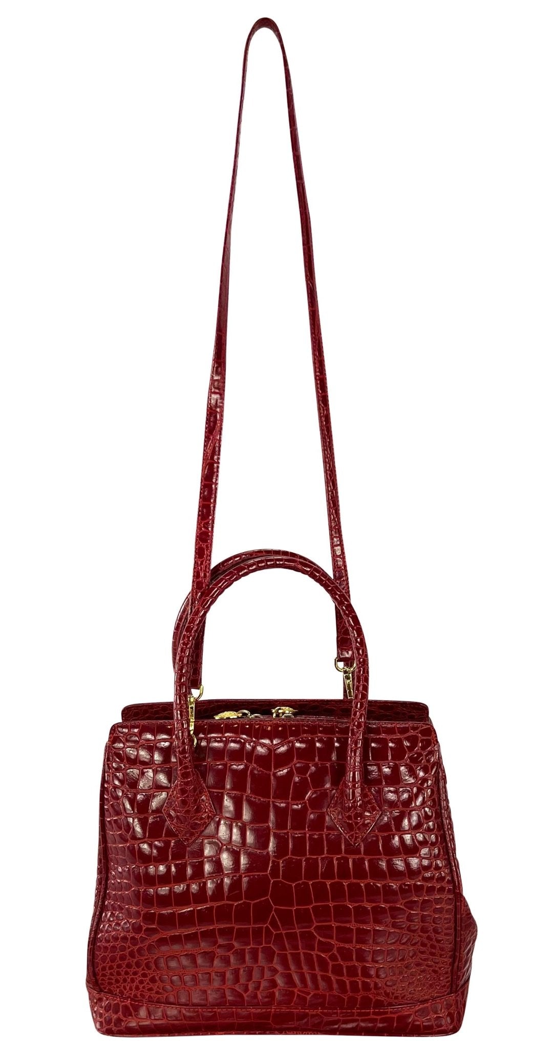 1990s Gianni Versace Couture Red Embossed Leather Medusa Large Tote Bag - RealList