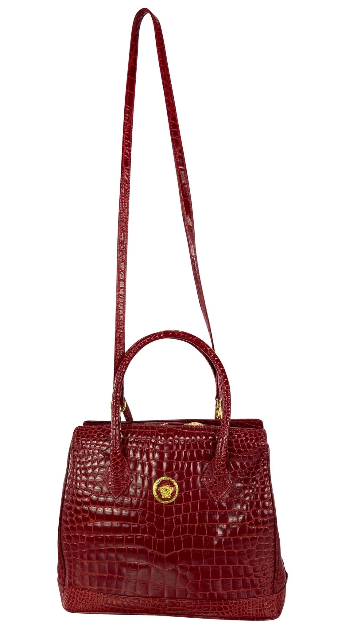 1990s Gianni Versace Couture Red Embossed Leather Medusa Large Tote Bag - RealList