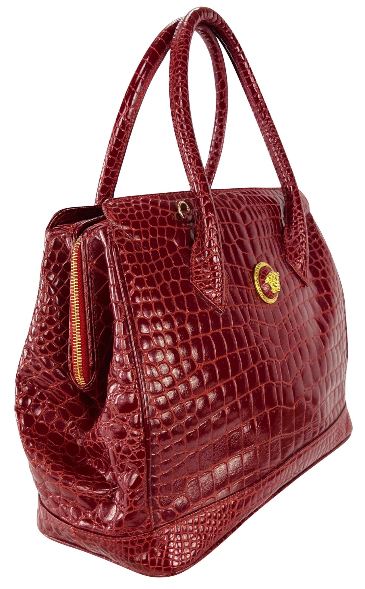 1990s Gianni Versace Couture Red Embossed Leather Medusa Large Tote Bag - RealList