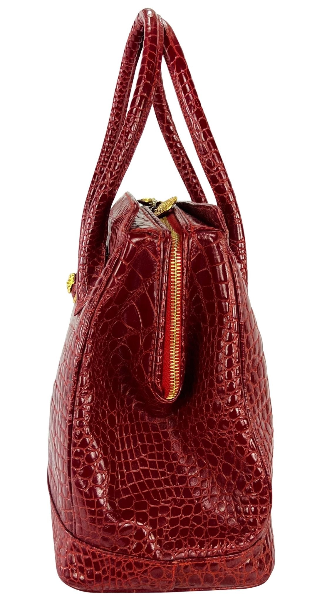 1990s Gianni Versace Couture Red Embossed Leather Medusa Large Tote Bag - RealList