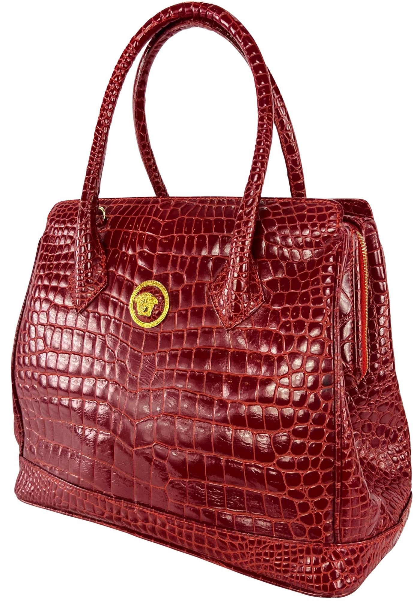 1990s Gianni Versace Couture Red Embossed Leather Medusa Large Tote Bag - RealList