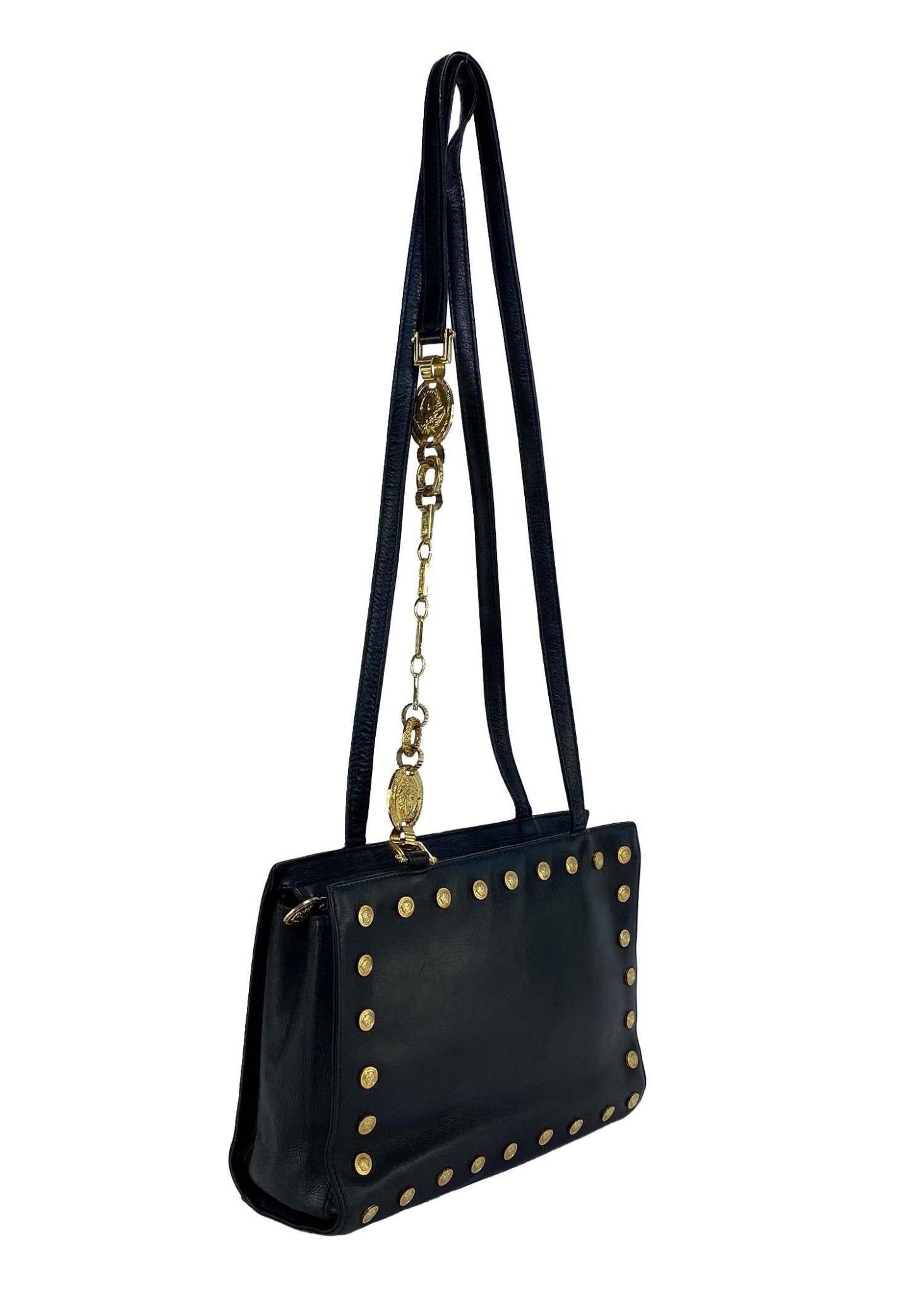 1990s Gianni Versace Couture Small Medallion Black Leather Chain Bag - RealList