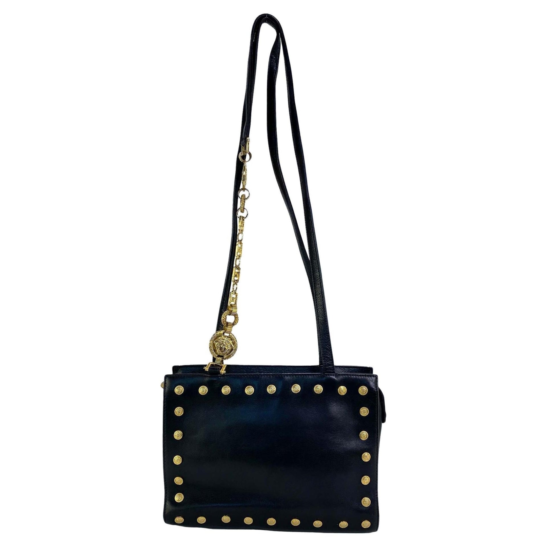 1990s Gianni Versace Couture Small Medallion Black Leather Chain Bag - RealList