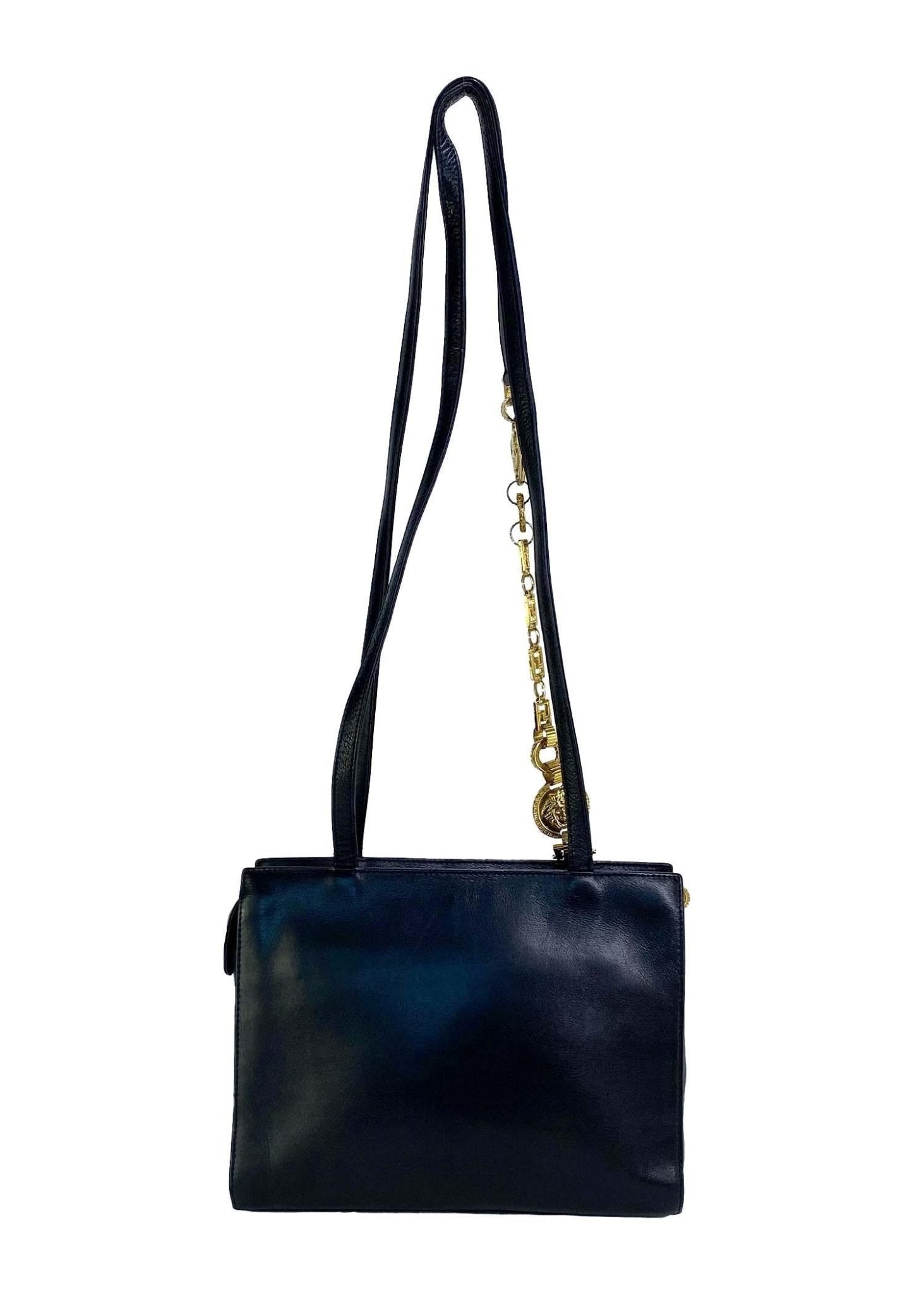 1990s Gianni Versace Couture Small Medallion Black Leather Chain Bag - RealList